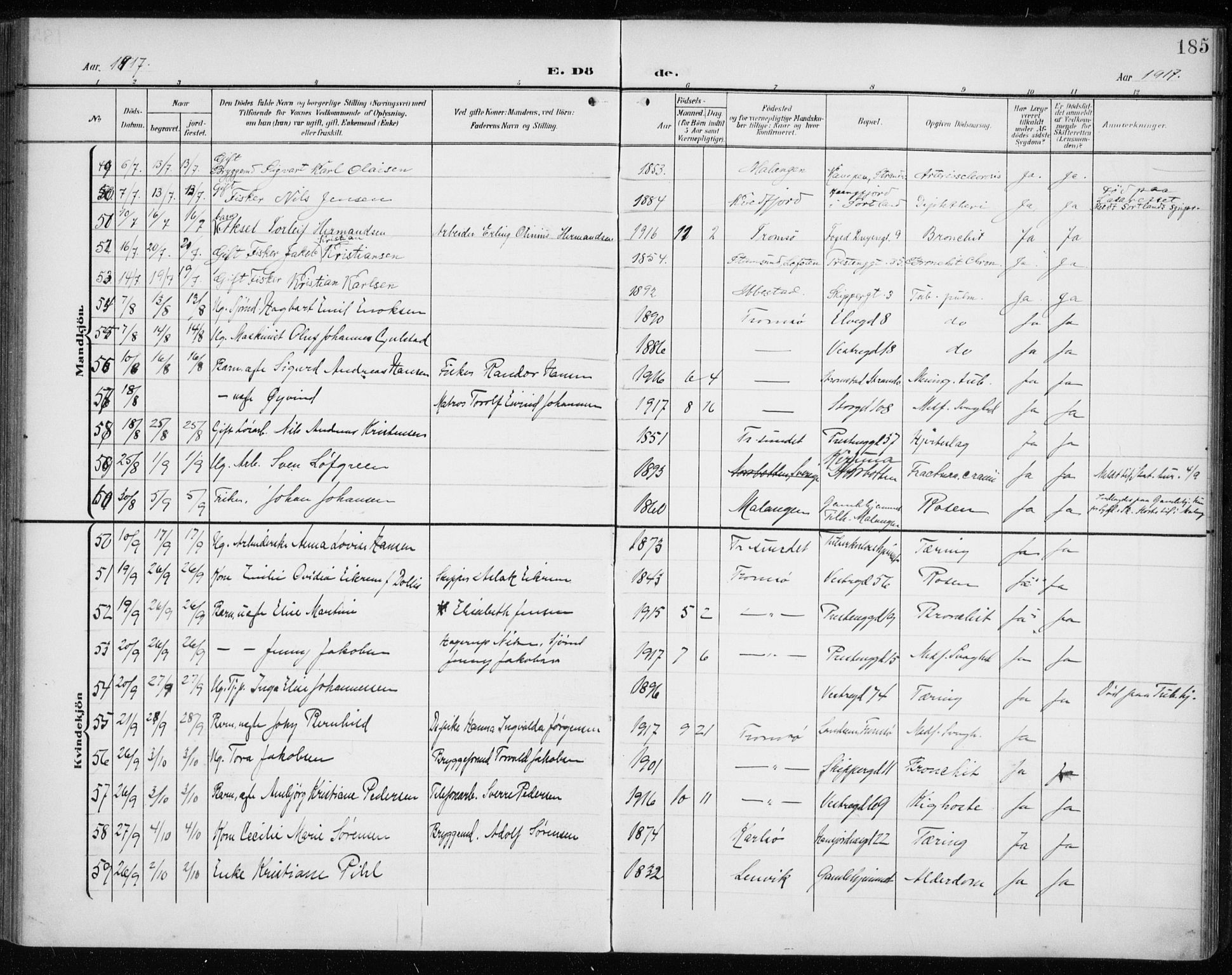 Tromsø sokneprestkontor/stiftsprosti/domprosti, AV/SATØ-S-1343/G/Ga/L0018kirke: Parish register (official) no. 18, 1907-1917, p. 185