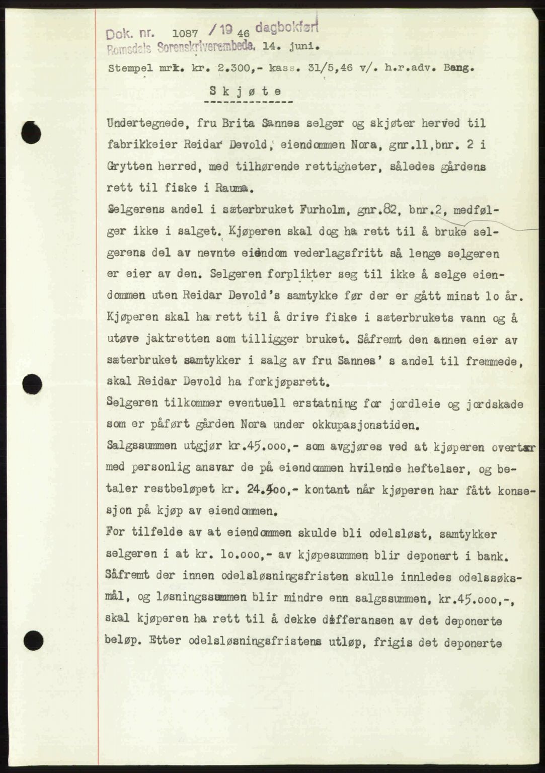 Romsdal sorenskriveri, AV/SAT-A-4149/1/2/2C: Mortgage book no. A20, 1946-1946, Diary no: : 1087/1946