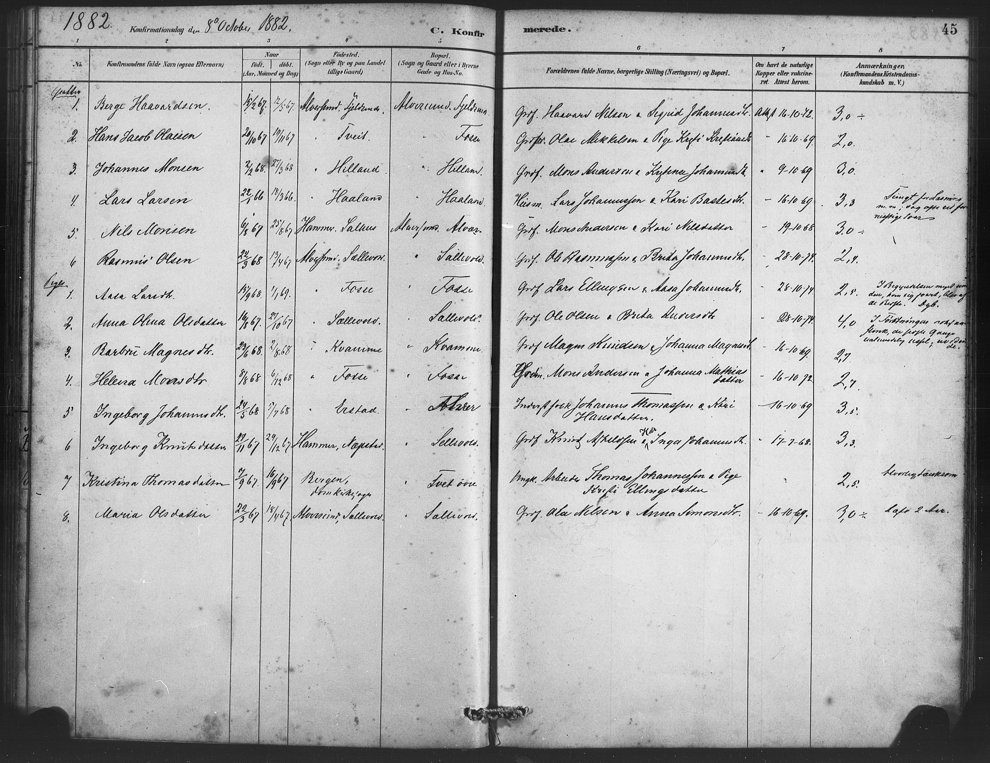 Alversund Sokneprestembete, SAB/A-73901/H/Ha/Haa/Haaa/L0001: Parish register (official) no. A 1, 1882-1896, p. 45