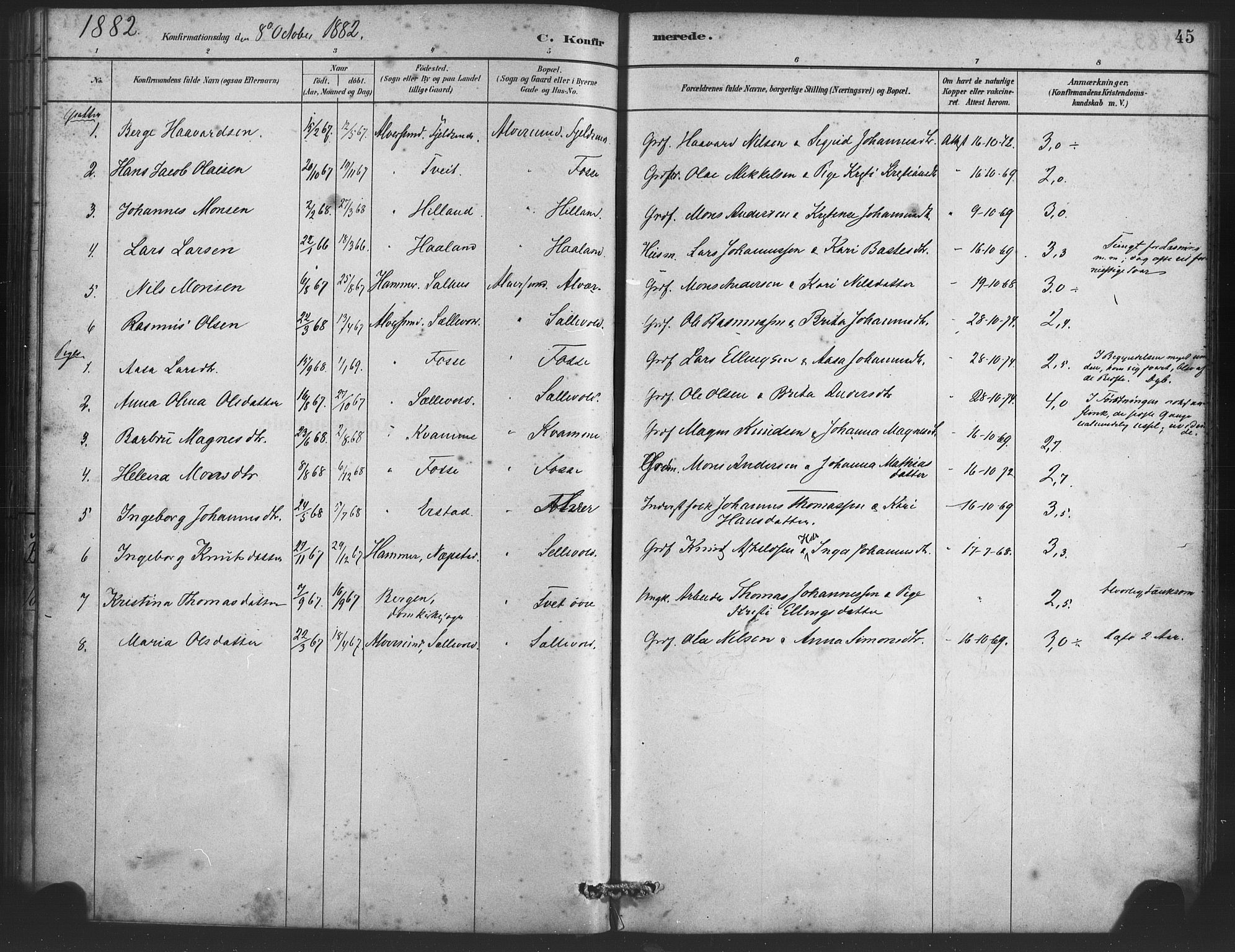 Alversund Sokneprestembete, AV/SAB-A-73901/H/Ha/Haa/Haaa/L0001: Parish register (official) no. A 1, 1882-1896, p. 45