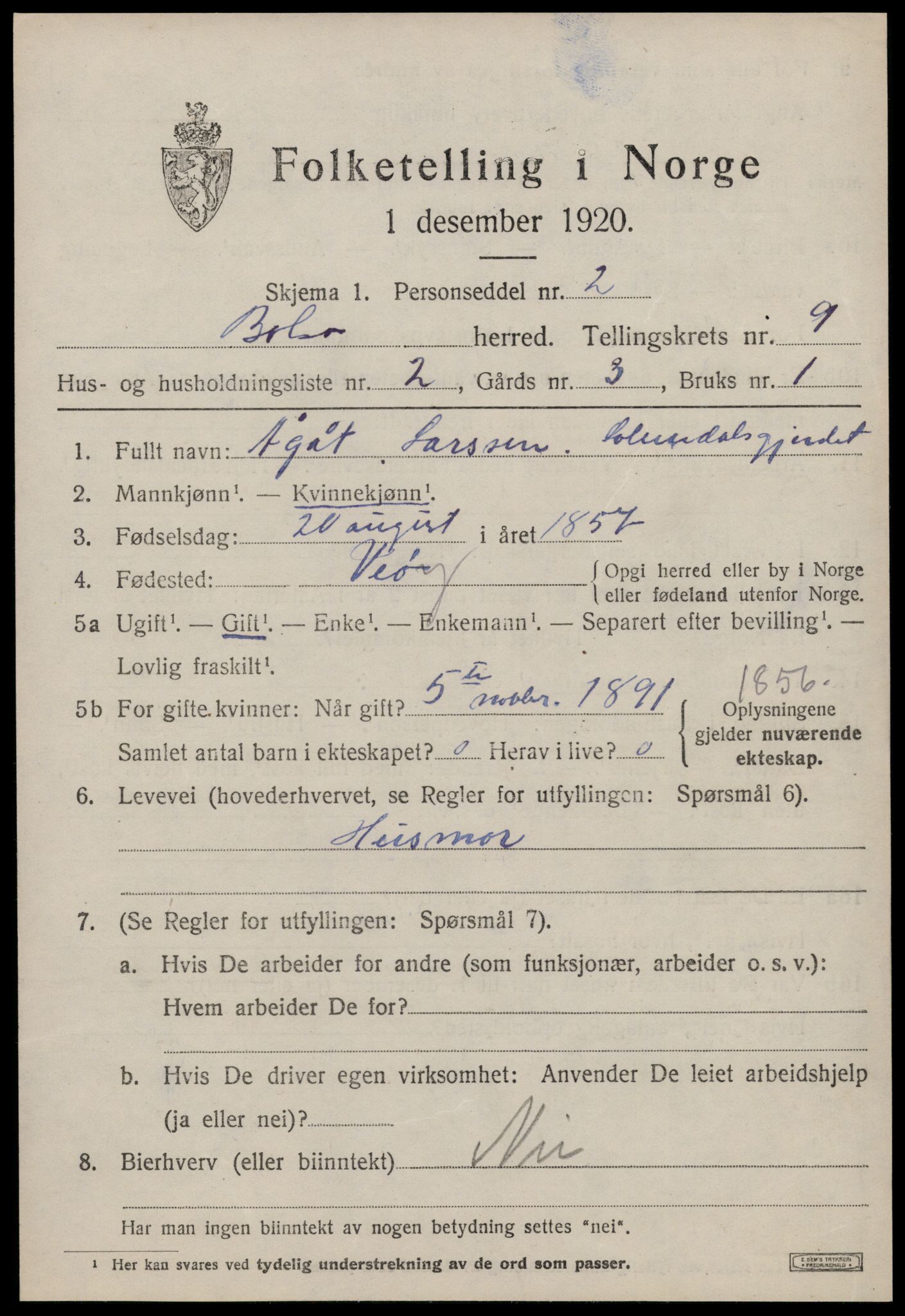 SAT, 1920 census for Bolsøy, 1920, p. 9881