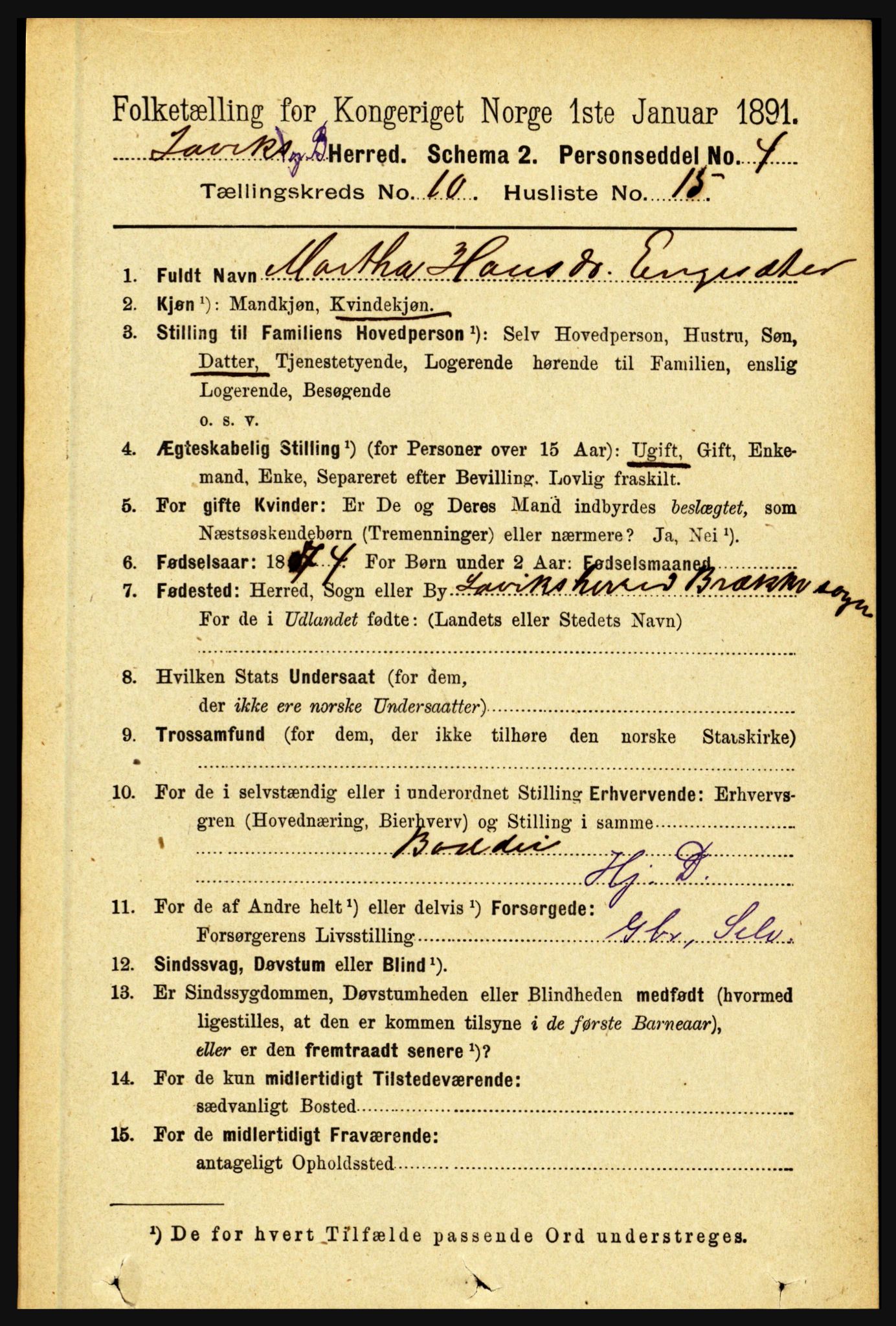 RA, 1891 census for 1415 Lavik og Brekke, 1891, p. 2081