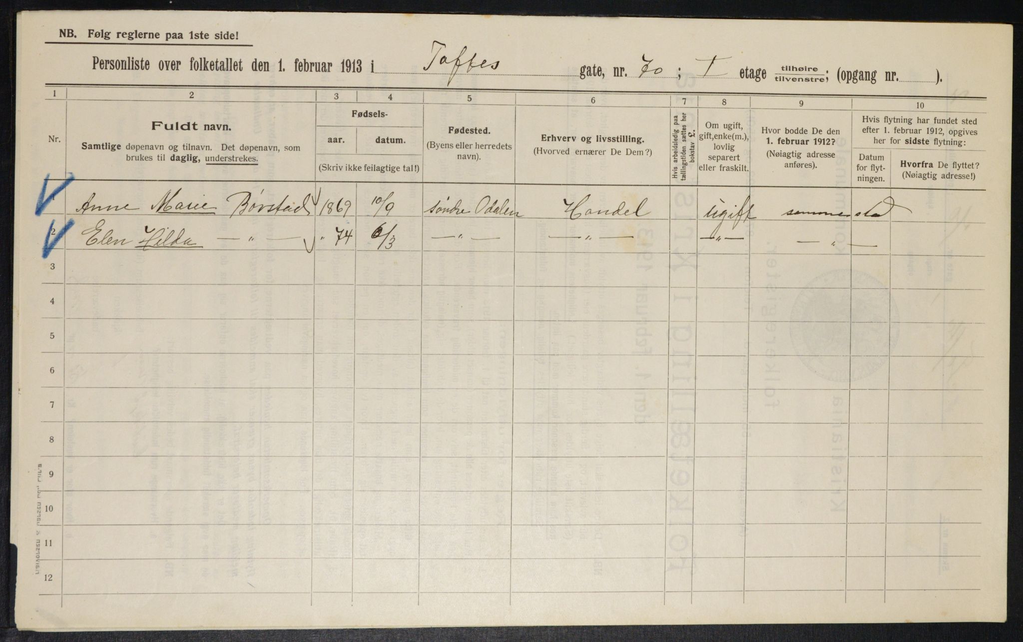 OBA, Municipal Census 1913 for Kristiania, 1913, p. 113087