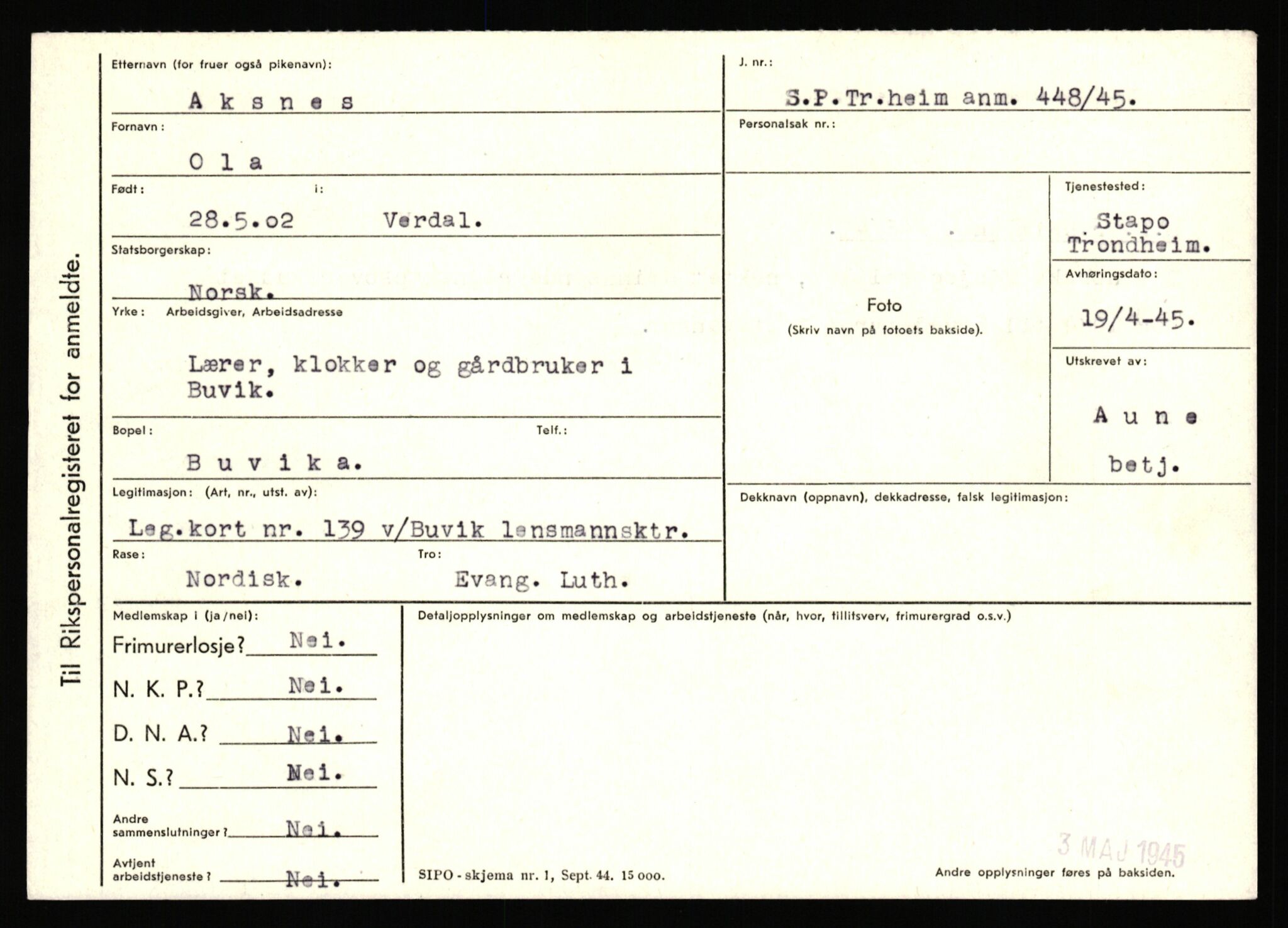 Statspolitiet - Hovedkontoret / Osloavdelingen, AV/RA-S-1329/C/Ca/L0001: Aabakken - Armann, 1943-1945, p. 1319