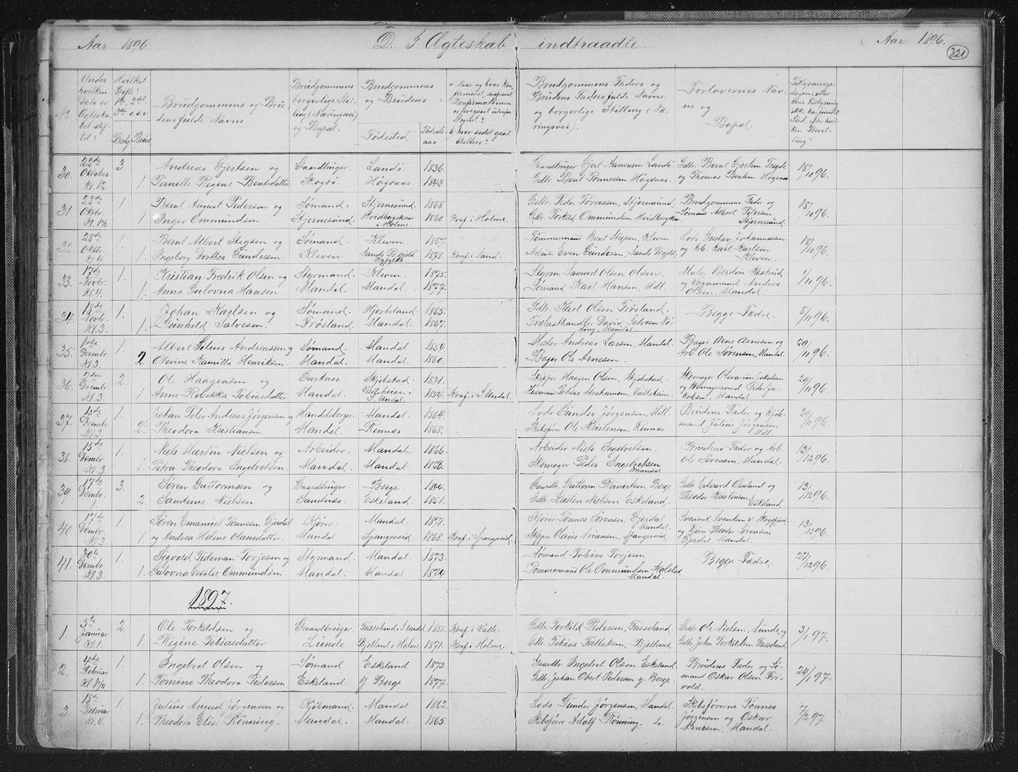 Mandal sokneprestkontor, SAK/1111-0030/F/Fb/Fba/L0011: Parish register (copy) no. B 5, 1880-1898, p. 321