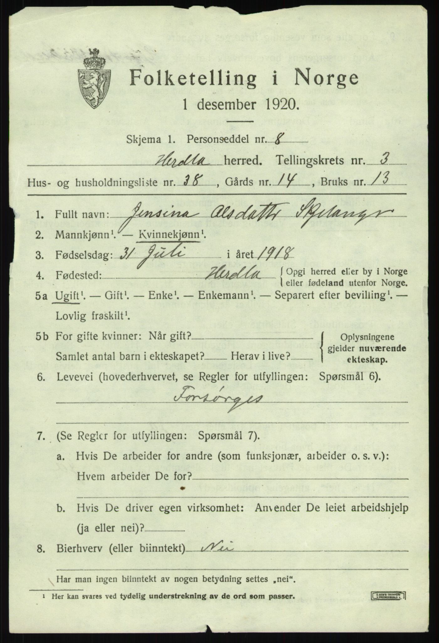 SAB, 1920 census for Herdla, 1920, p. 3303