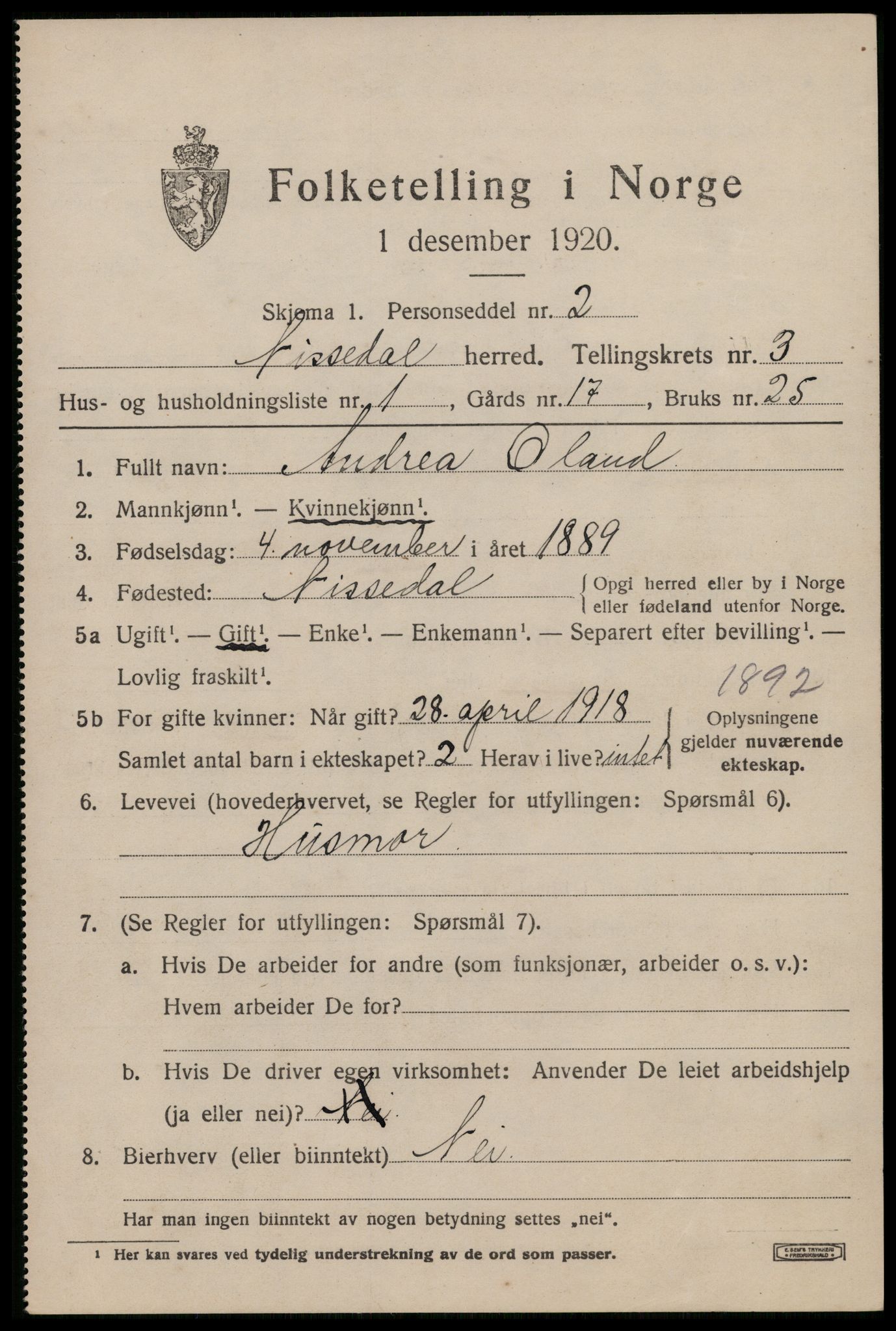 SAKO, 1920 census for Nissedal, 1920, p. 1505