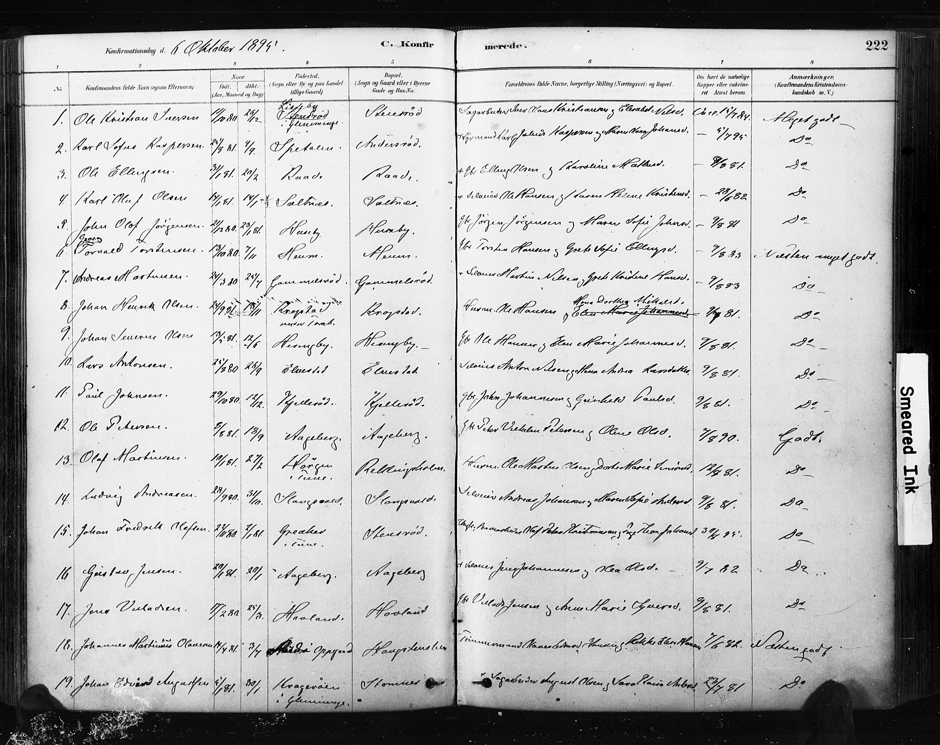 Råde prestekontor kirkebøker, AV/SAO-A-2009/F/Fa/L0007: Parish register (official) no. 7, 1878-1902, p. 222