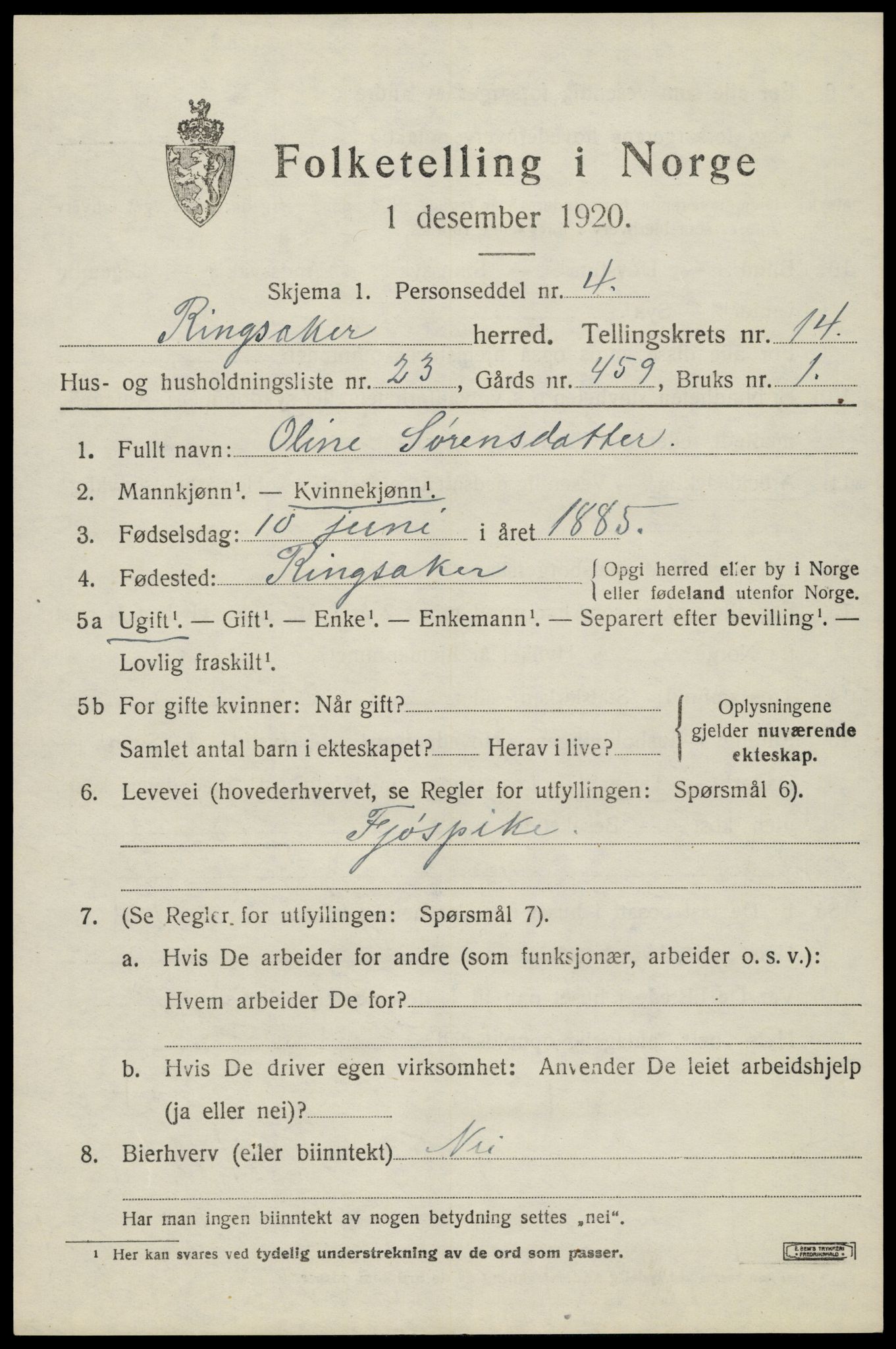 SAH, 1920 census for Ringsaker, 1920, p. 21844