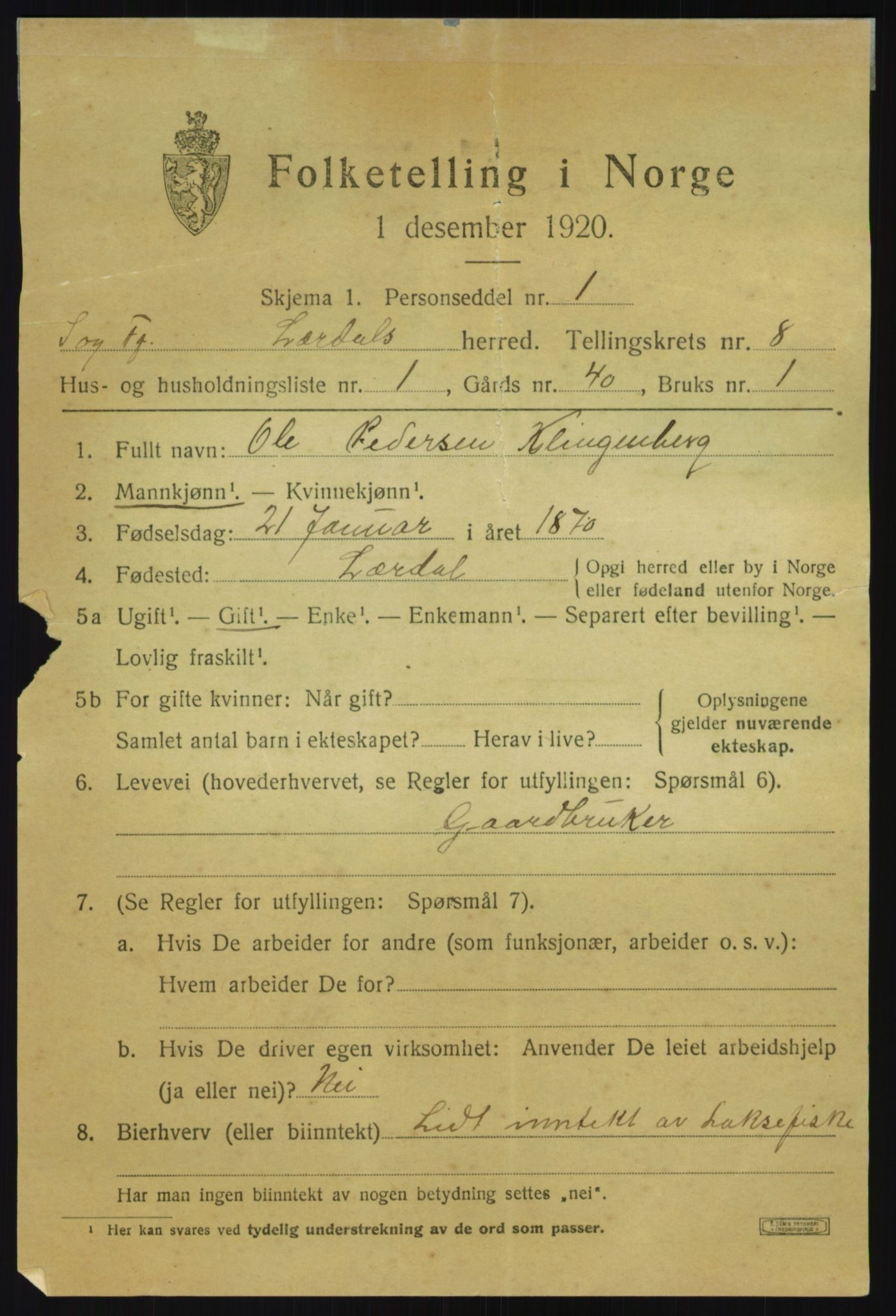 SAB, 1920 census for Lærdal, 1920, p. 3948