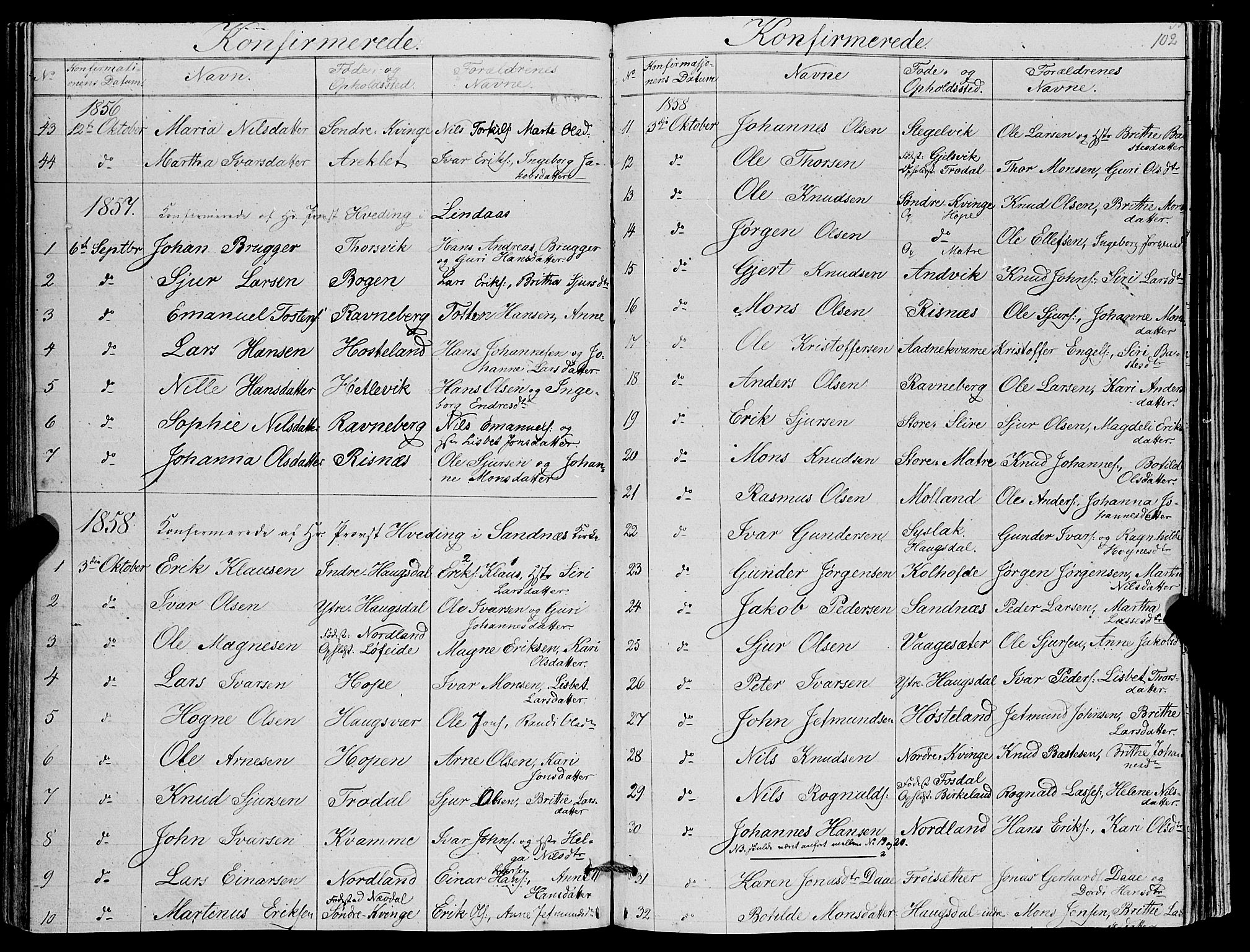 Masfjorden sokneprestembete, AV/SAB-A-77001: Parish register (copy) no. A 1, 1851-1875, p. 102