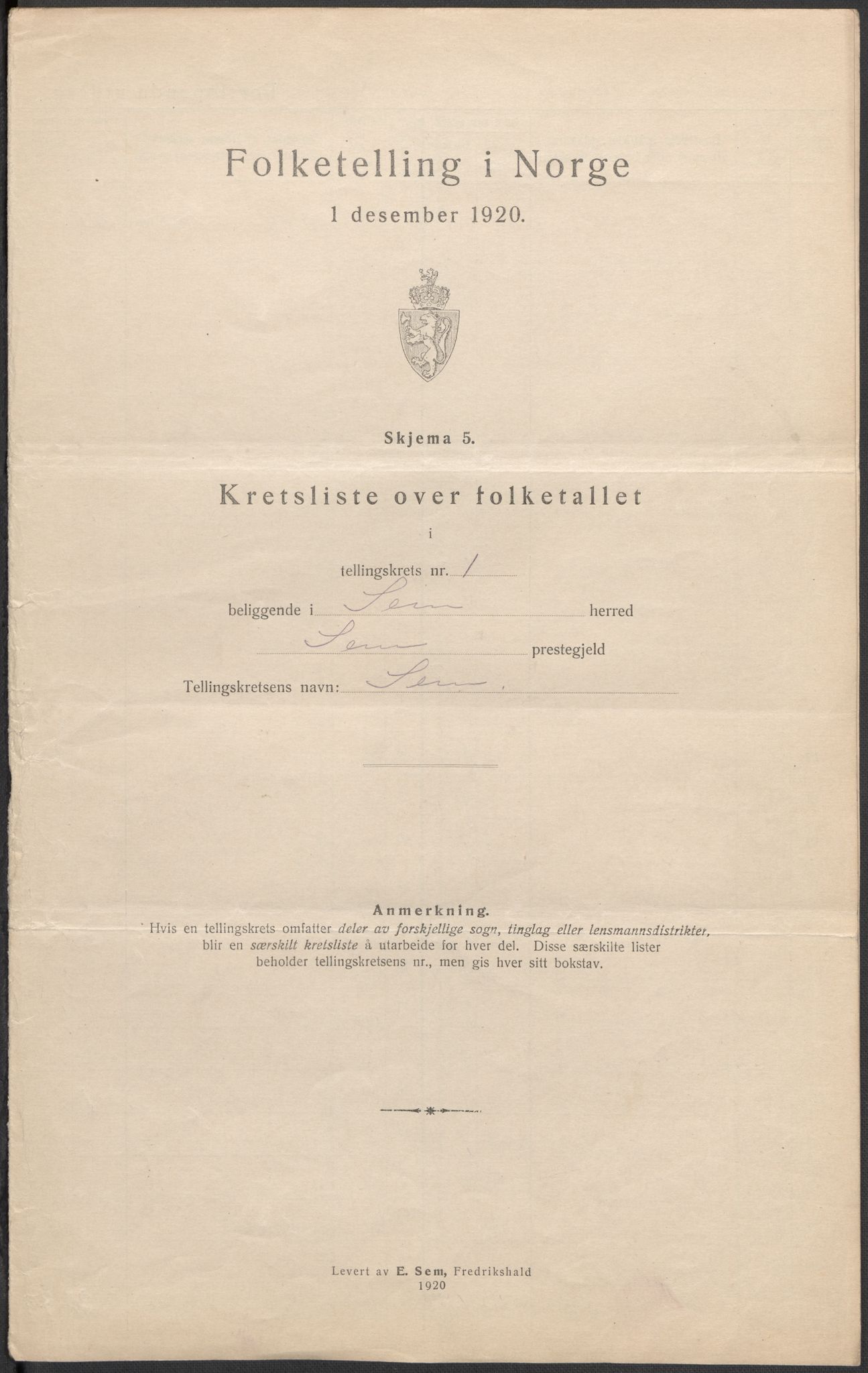 SAKO, 1920 census for Sem, 1920, p. 16