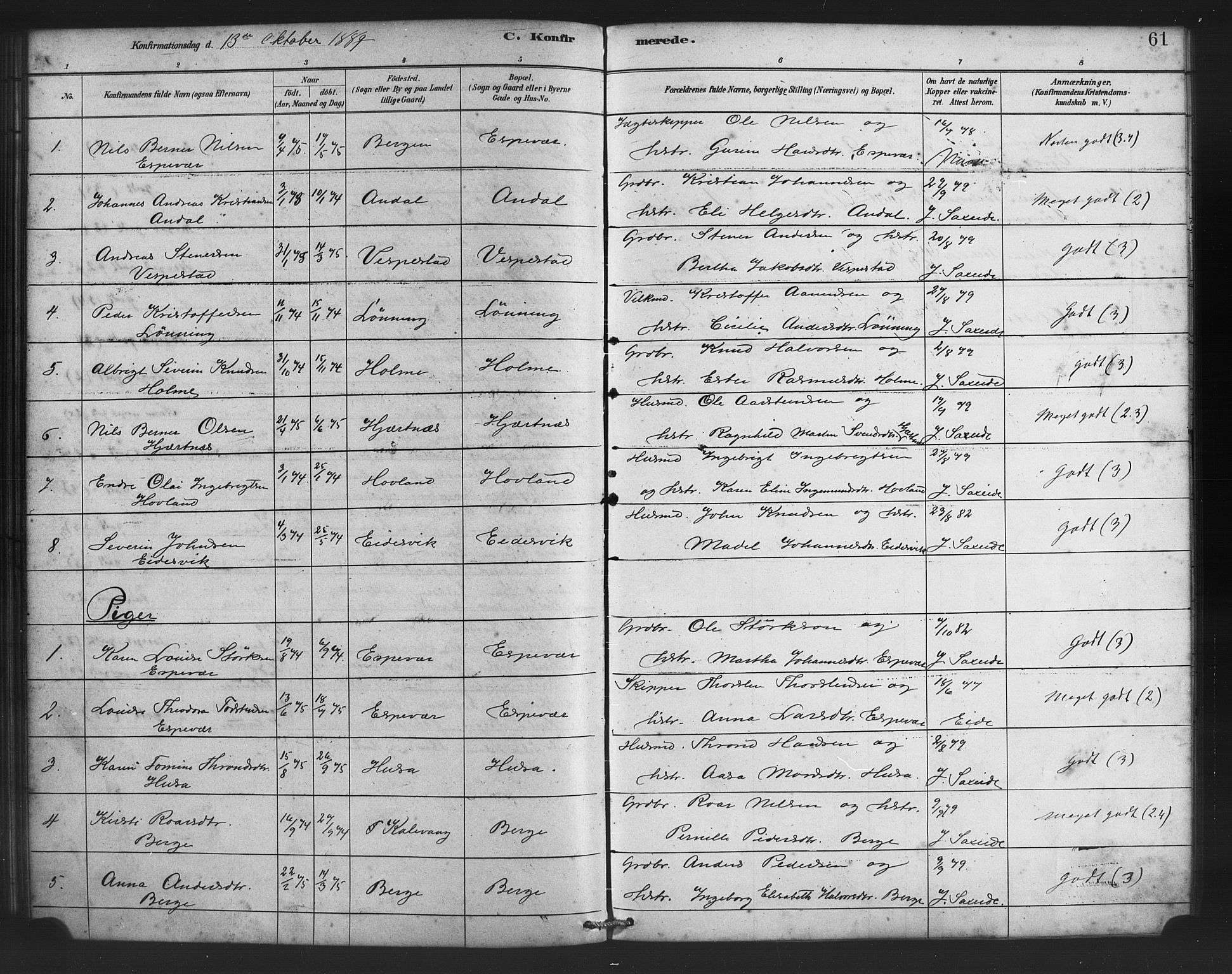 Finnås sokneprestembete, AV/SAB-A-99925/H/Ha/Haa/Haad/L0001: Parish register (official) no. D 1, 1880-1894, p. 61