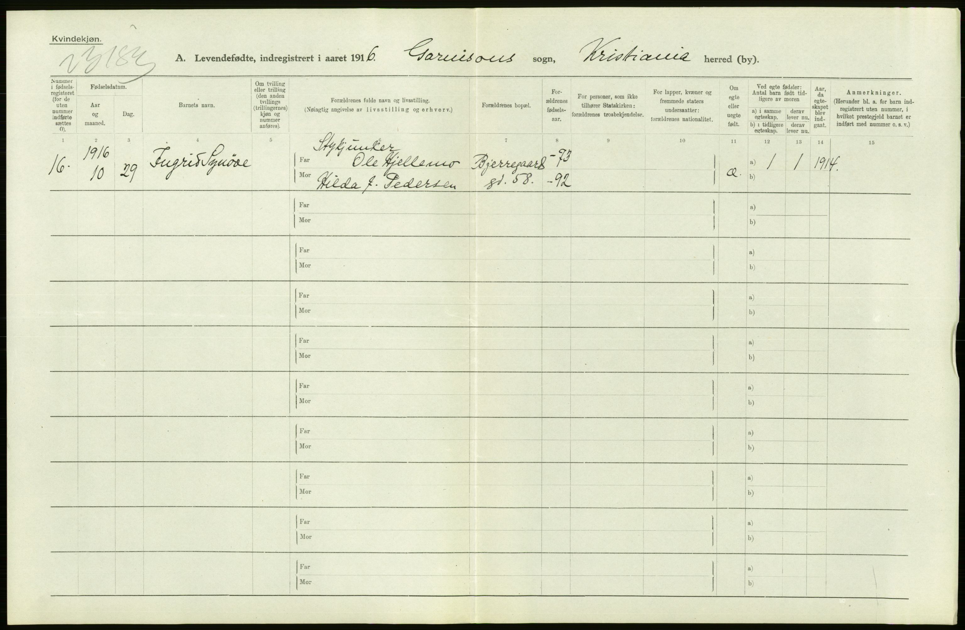 Statistisk sentralbyrå, Sosiodemografiske emner, Befolkning, AV/RA-S-2228/D/Df/Dfb/Dfbf/L0007: Kristiania: Levendefødte menn og kvinner., 1916, p. 482