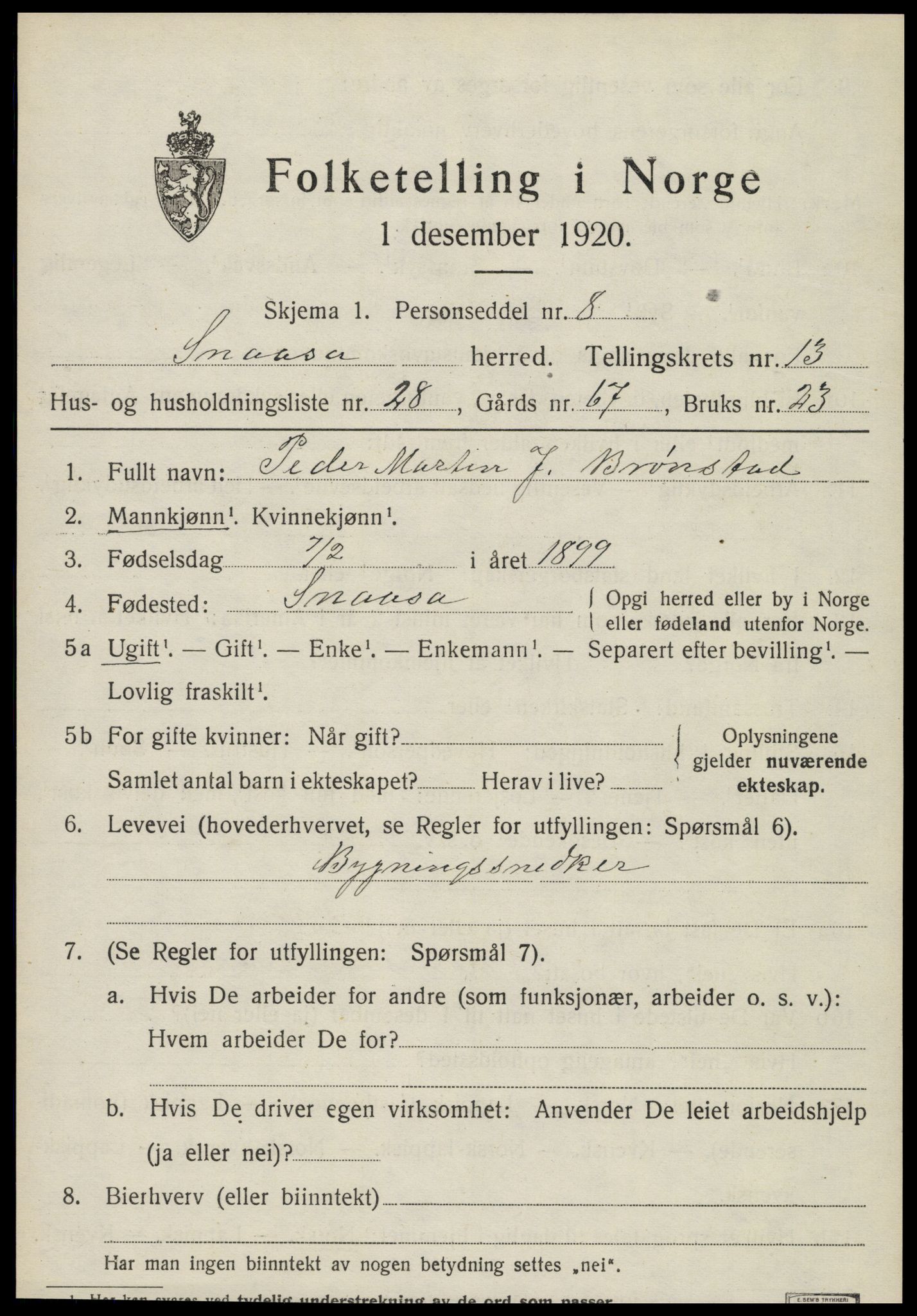 SAT, 1920 census for Snåsa, 1920, p. 5952