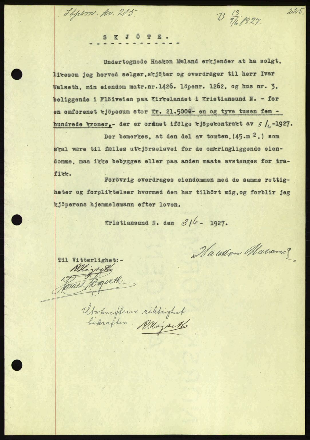 Kristiansund byfogd, AV/SAT-A-4587/A/27: Mortgage book no. 21, 1926-1928, Deed date: 09.06.1927