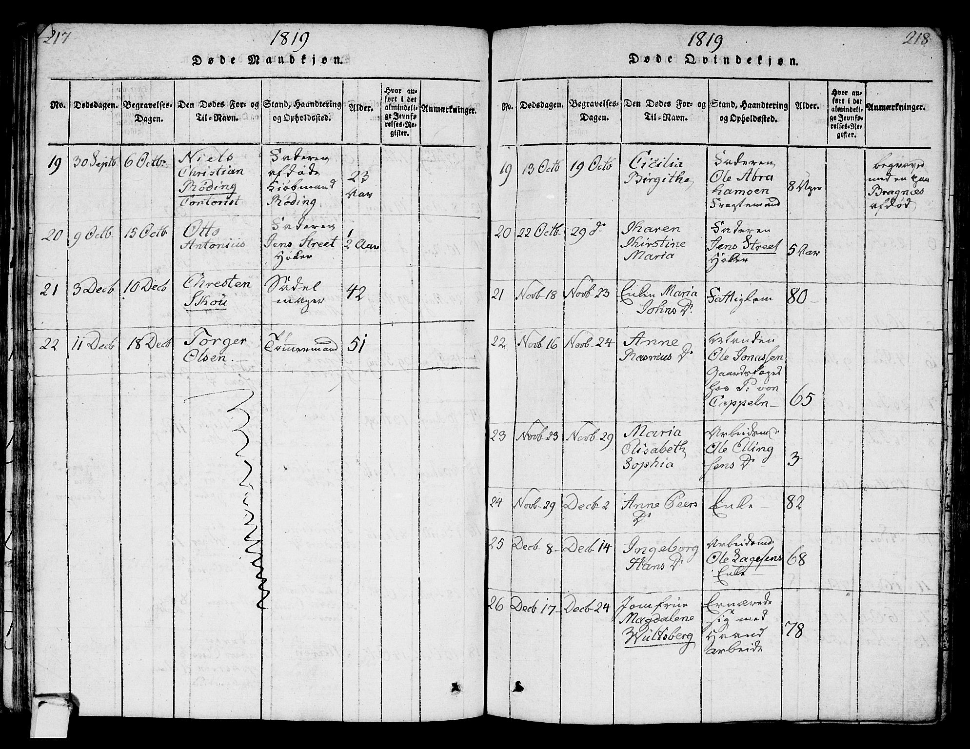 Strømsø kirkebøker, AV/SAKO-A-246/F/Fa/L0011: Parish register (official) no. I 11, 1815-1829, p. 217-218