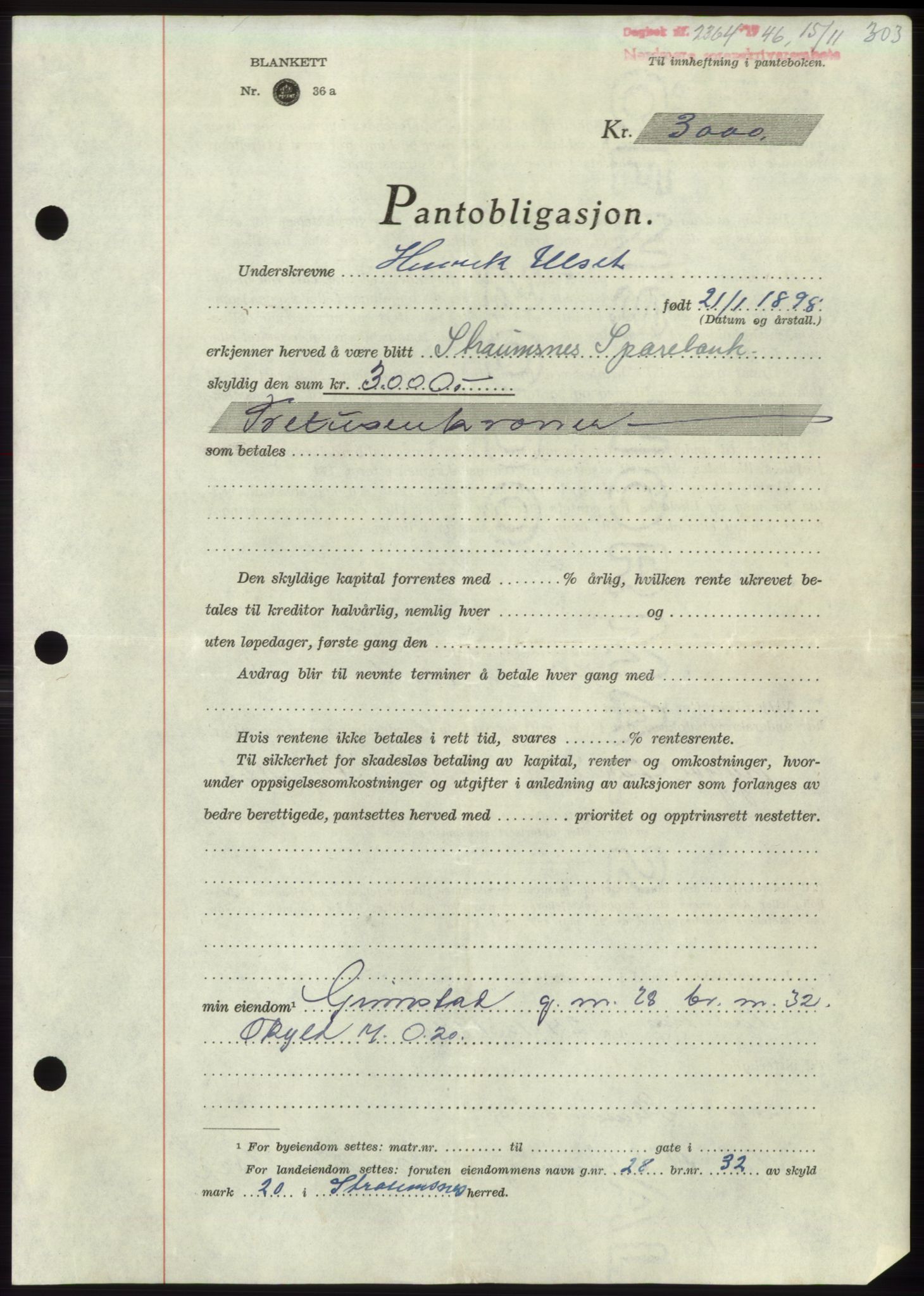 Nordmøre sorenskriveri, AV/SAT-A-4132/1/2/2Ca: Mortgage book no. B95, 1946-1947, Diary no: : 2364/1946