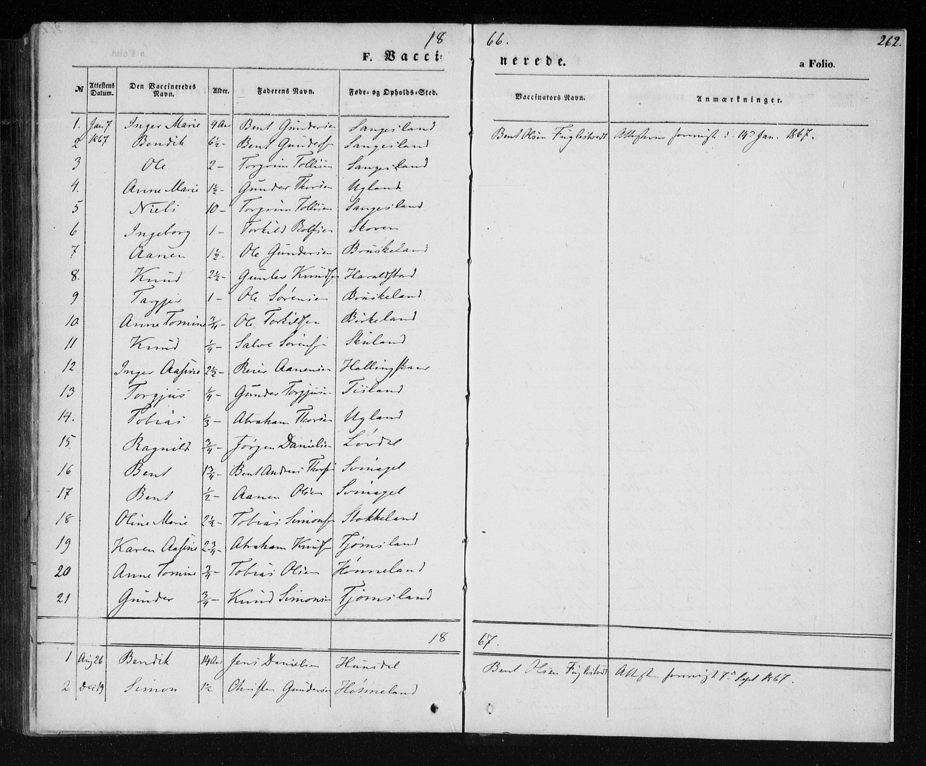 Holum sokneprestkontor, AV/SAK-1111-0022/F/Fa/Fab/L0005: Parish register (official) no. A 5, 1847-1874, p. 262