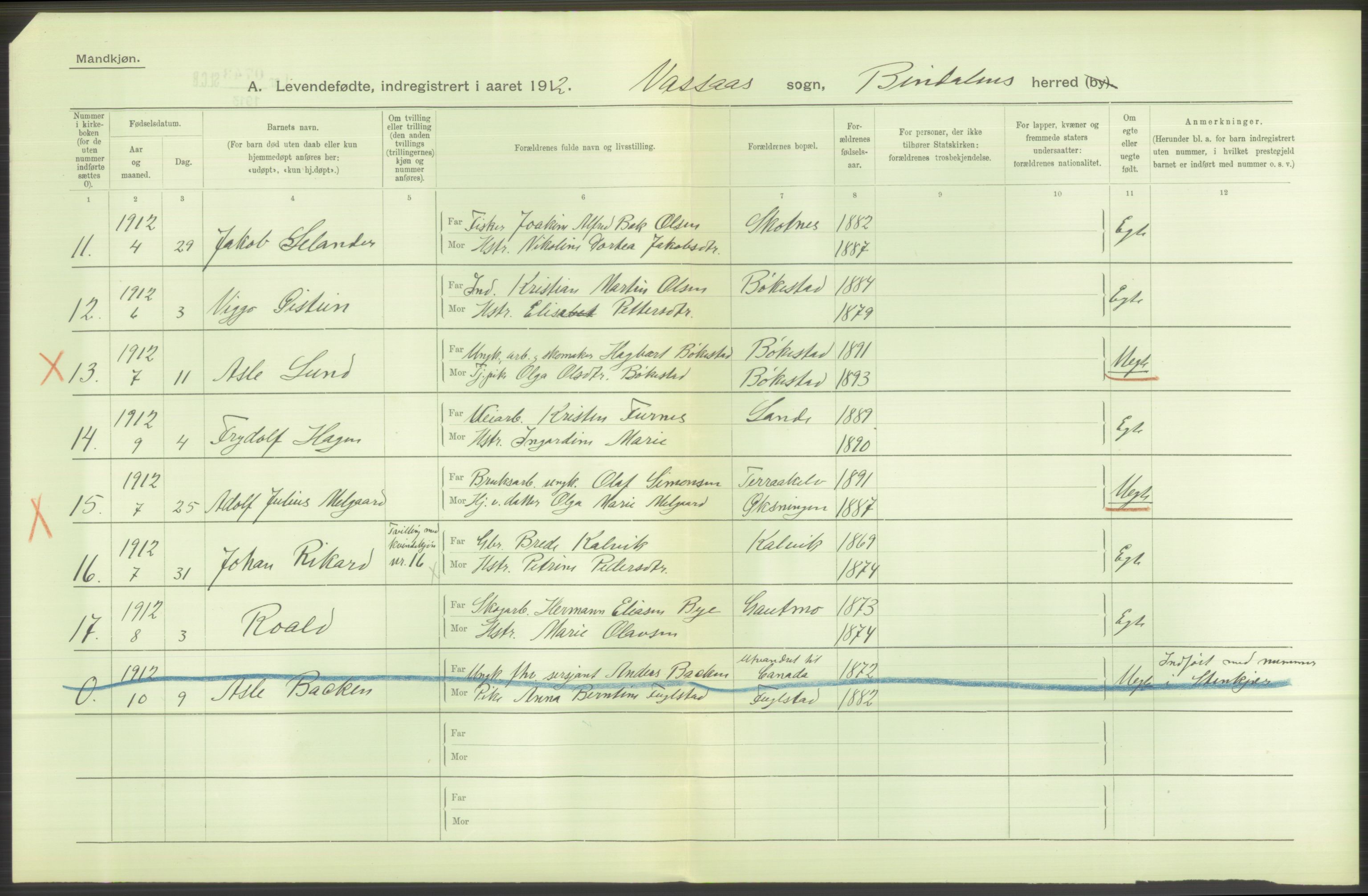 Statistisk sentralbyrå, Sosiodemografiske emner, Befolkning, AV/RA-S-2228/D/Df/Dfb/Dfbb/L0046: Nordlands amt: Levendefødte menn og kvinner. Bygder., 1912, p. 108