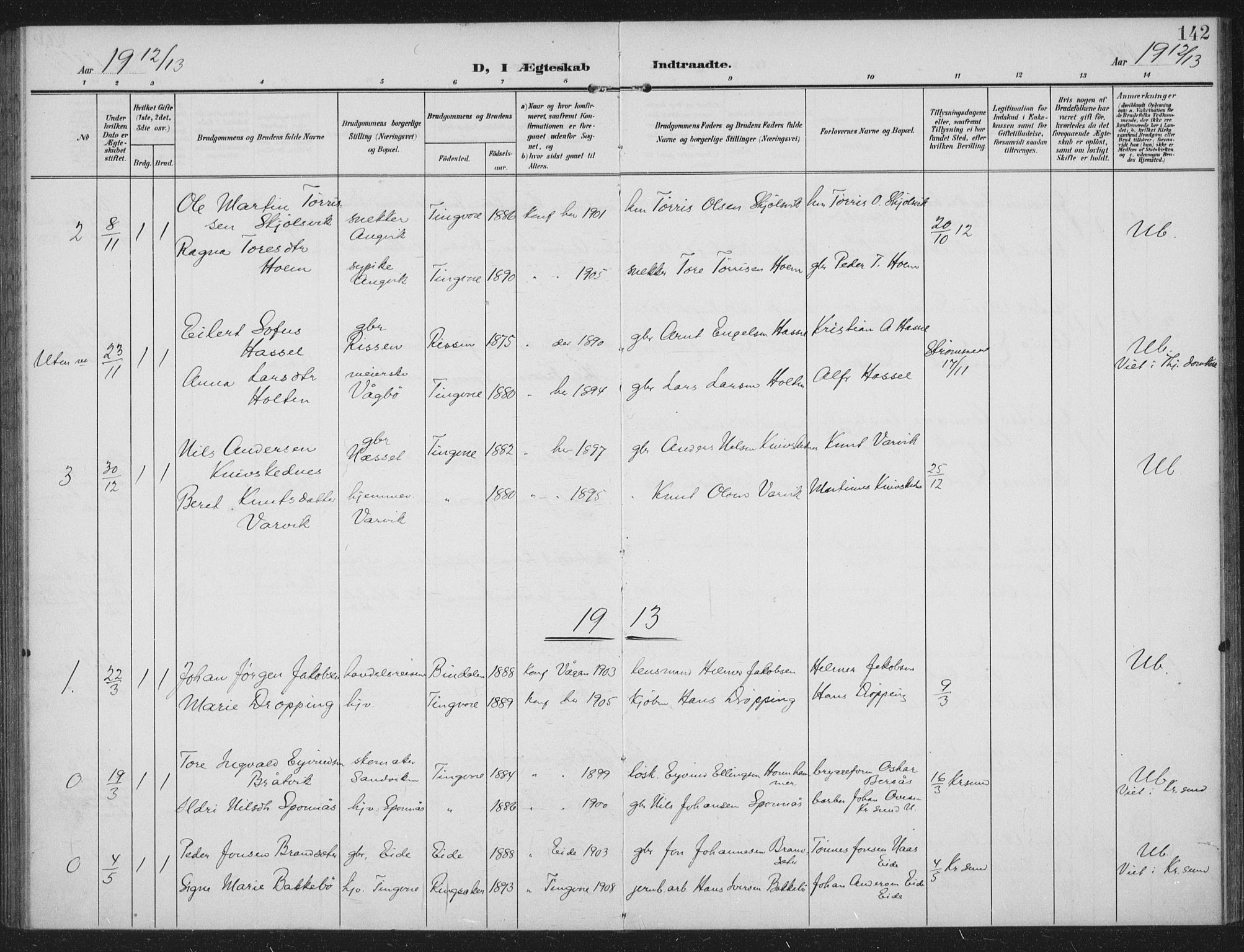 Ministerialprotokoller, klokkerbøker og fødselsregistre - Møre og Romsdal, SAT/A-1454/586/L0989: Parish register (official) no. 586A15, 1906-1915, p. 142