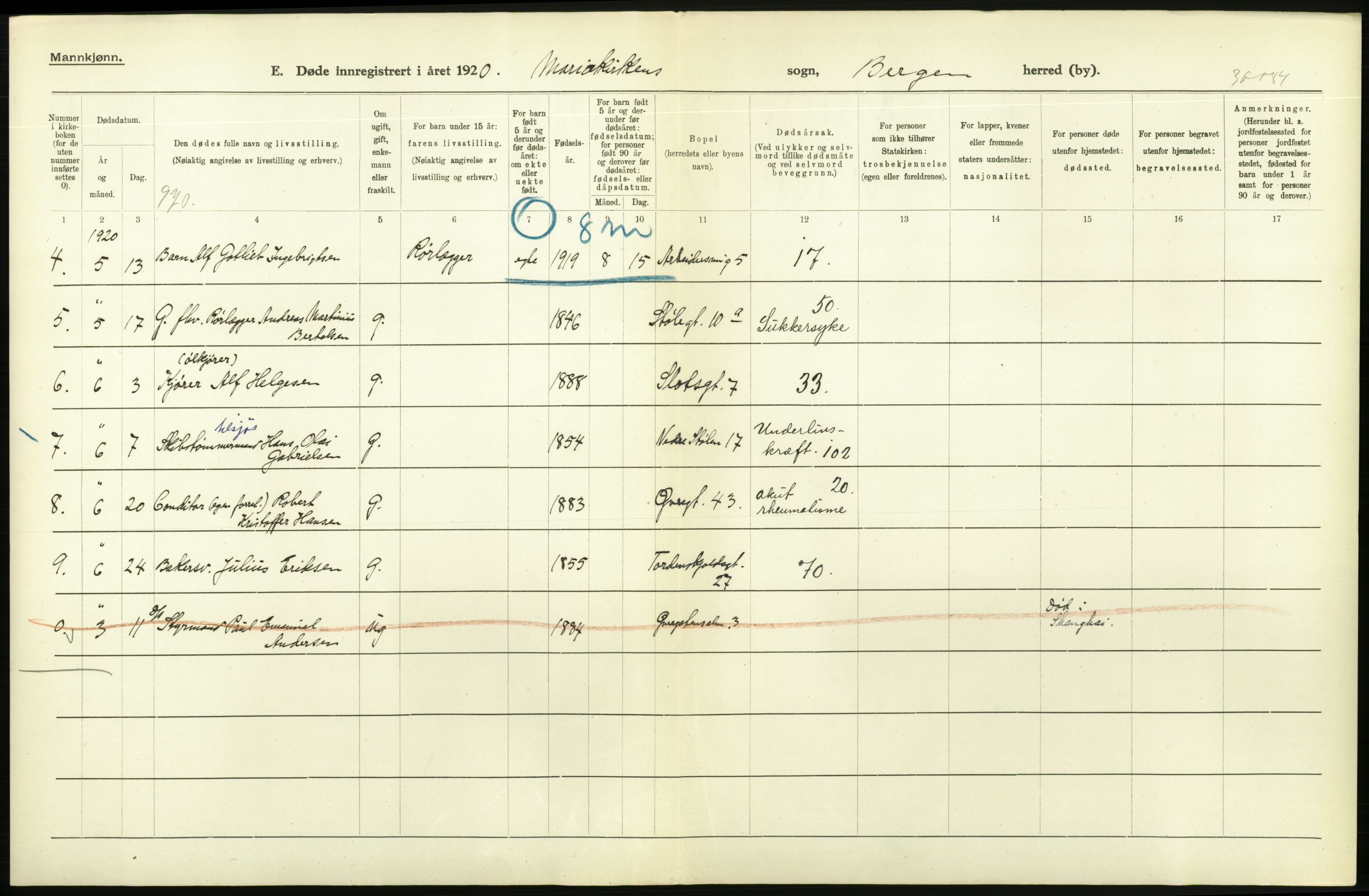 Statistisk sentralbyrå, Sosiodemografiske emner, Befolkning, AV/RA-S-2228/D/Df/Dfb/Dfbj/L0042: Bergen: Gifte, døde, dødfødte., 1920, p. 508