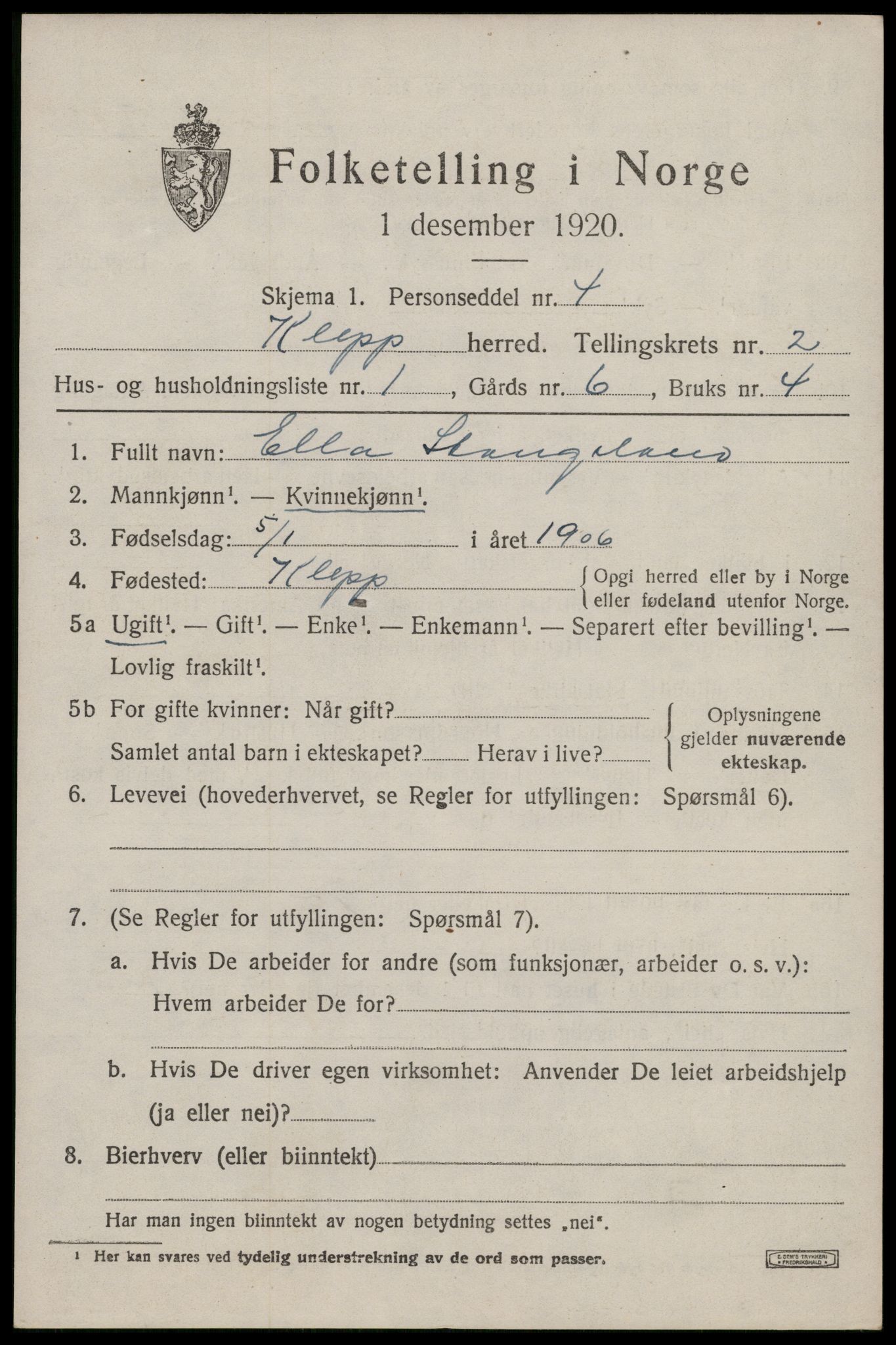 SAST, 1920 census for Klepp, 1920, p. 2586