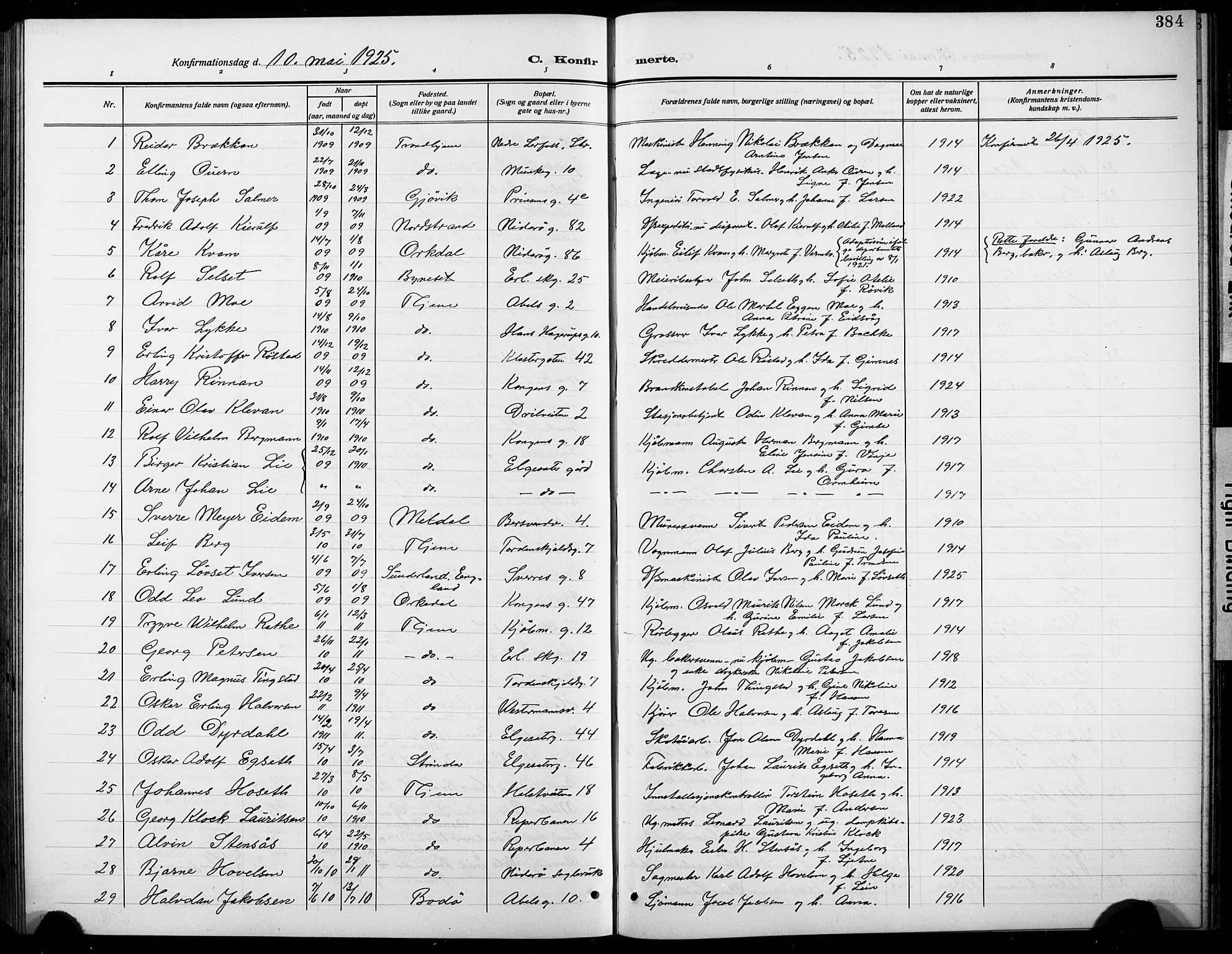 Ministerialprotokoller, klokkerbøker og fødselsregistre - Sør-Trøndelag, SAT/A-1456/601/L0096: Parish register (copy) no. 601C14, 1911-1931, p. 384