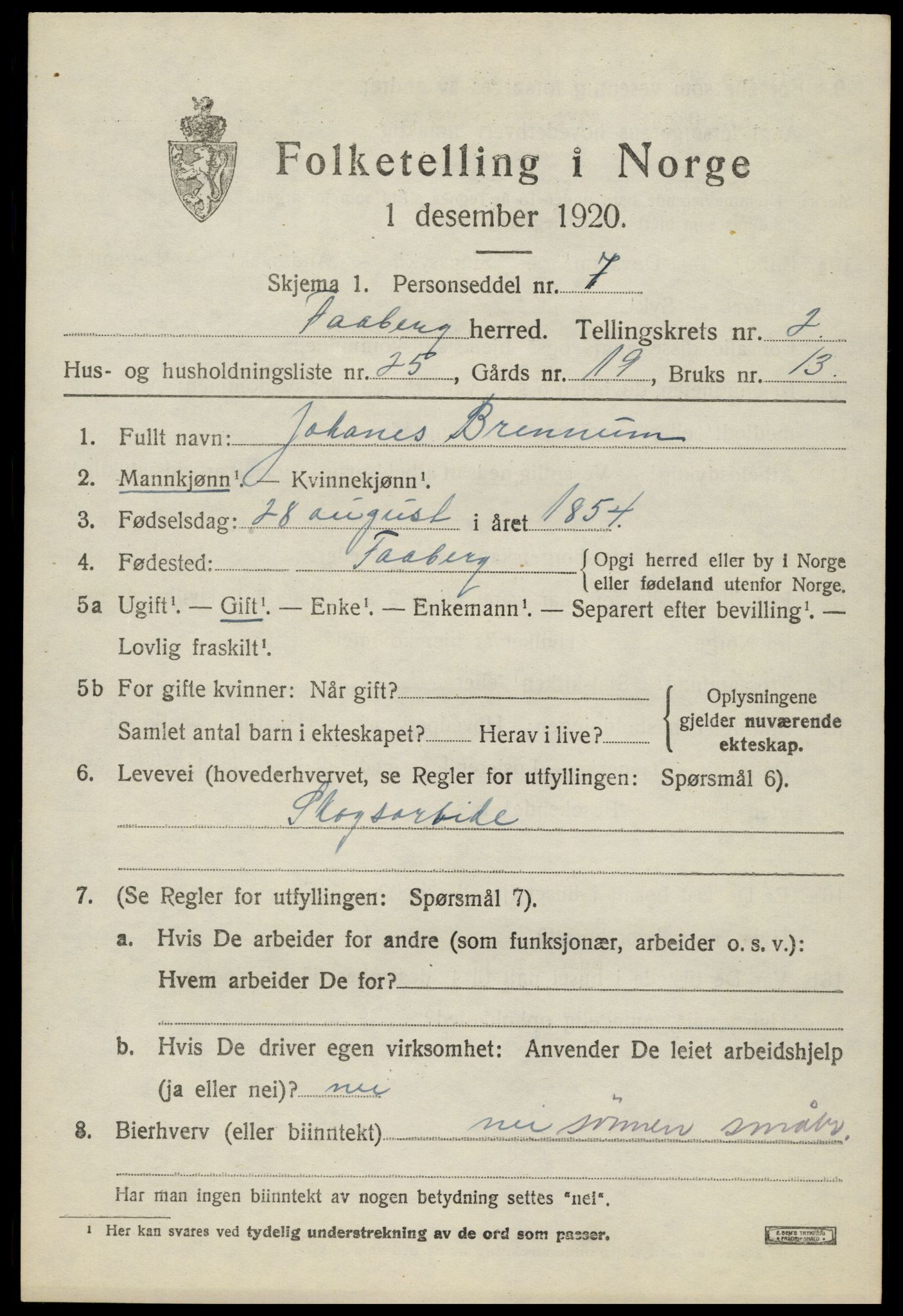 SAH, 1920 census for Fåberg, 1920, p. 3540