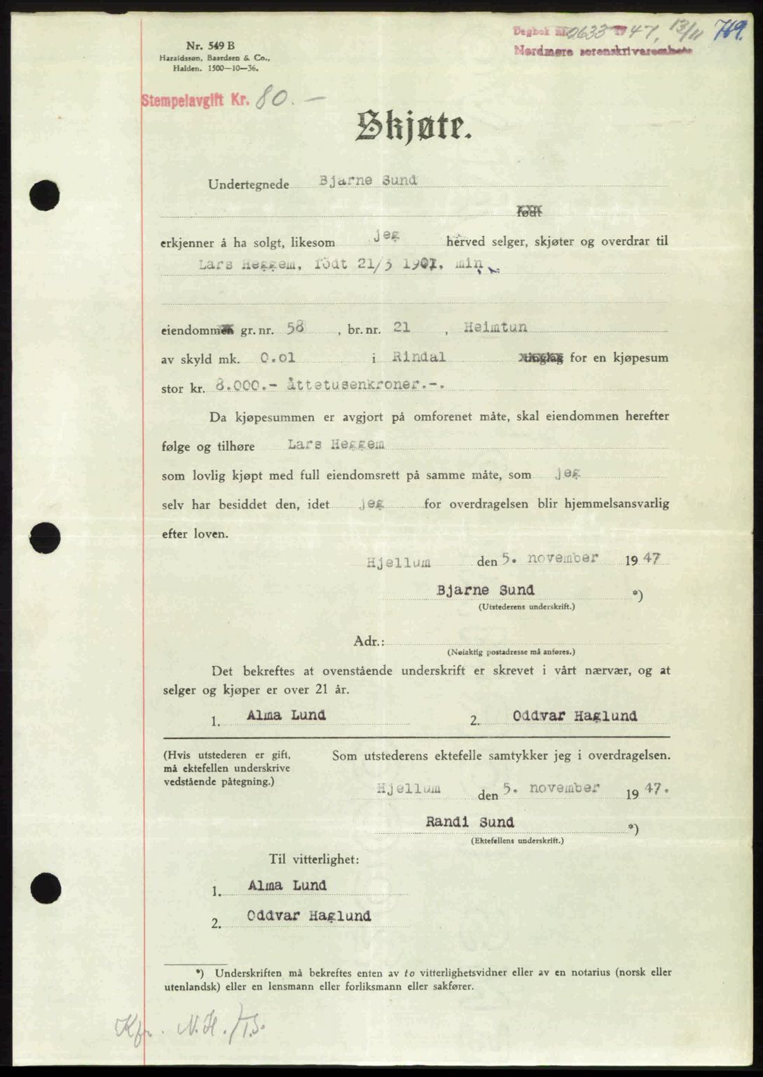 Nordmøre sorenskriveri, AV/SAT-A-4132/1/2/2Ca: Mortgage book no. A106, 1947-1947, Diary no: : 2633/1947