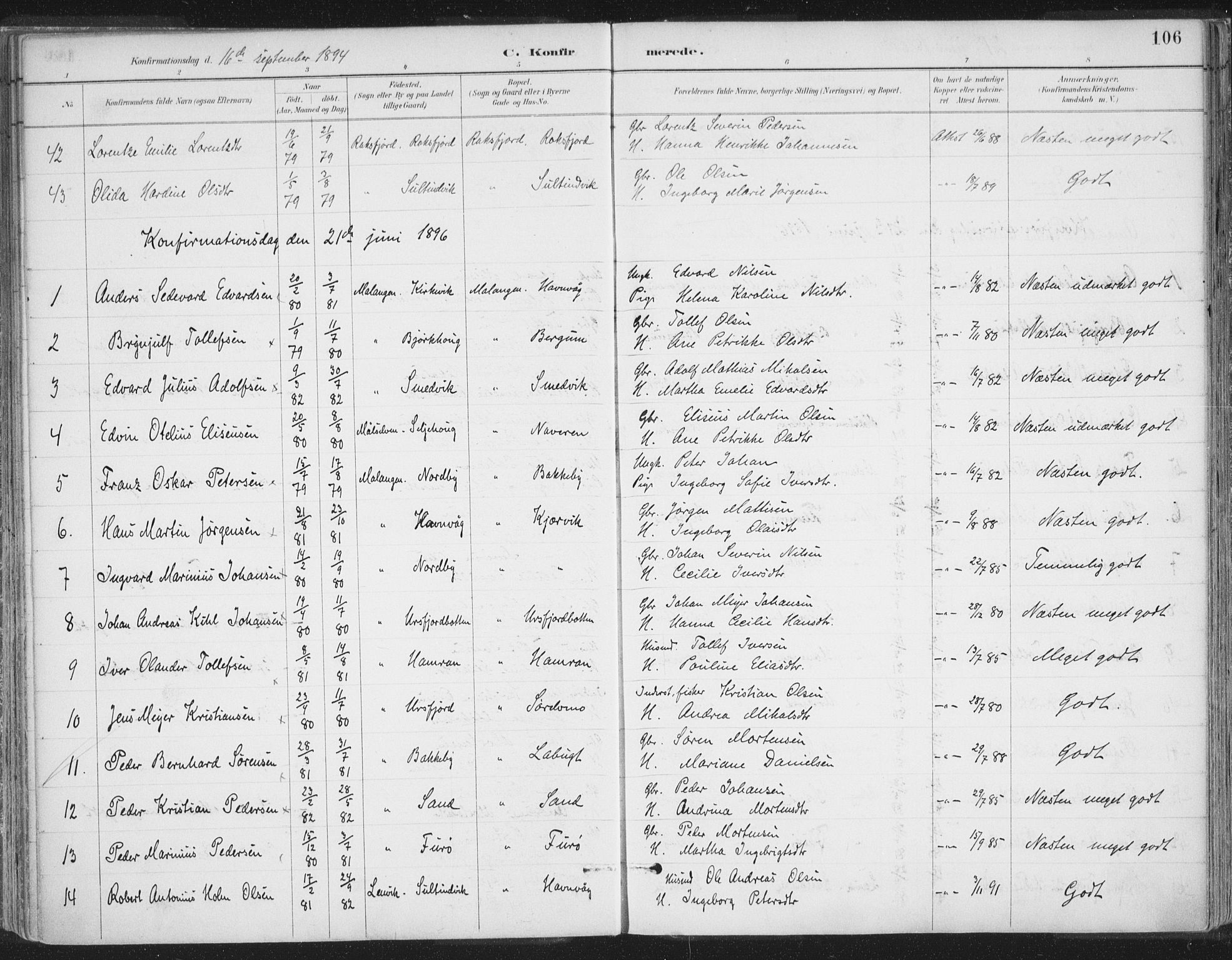 Balsfjord sokneprestembete, AV/SATØ-S-1303/G/Gaa/L0007kirke: Parish register (official) no. 7, 1887-1909, p. 106