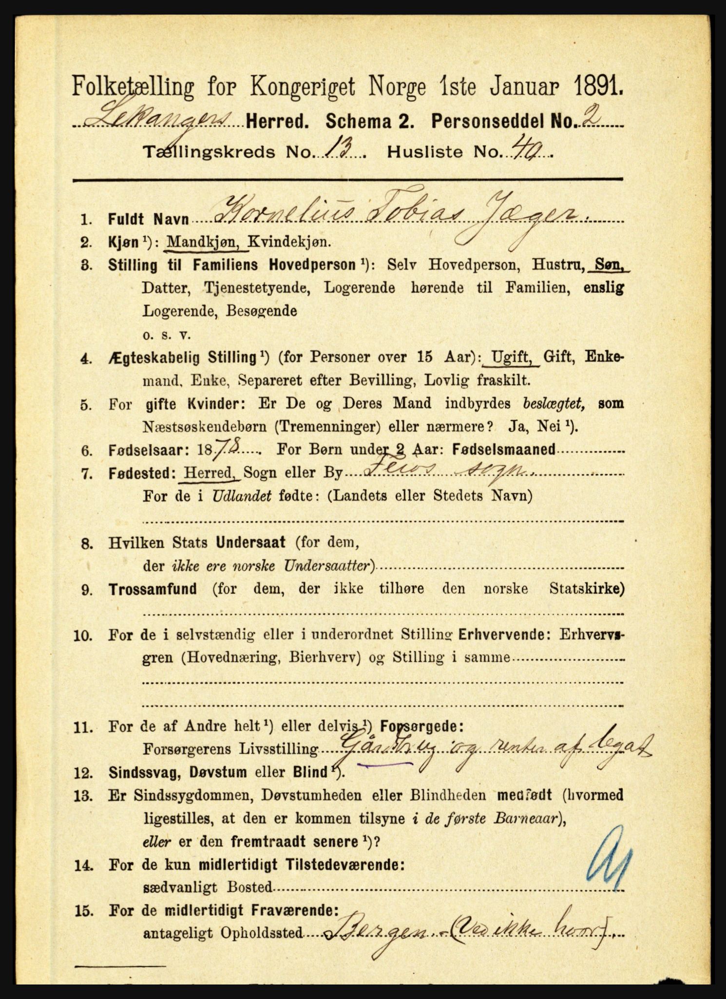 RA, 1891 census for 1419 Leikanger, 1891, p. 2689