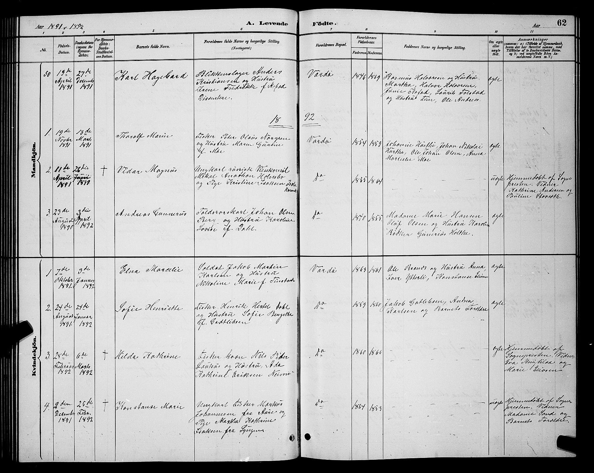 Vardø sokneprestkontor, AV/SATØ-S-1332/H/Hb/L0005klokker: Parish register (copy) no. 5, 1887-1892, p. 62