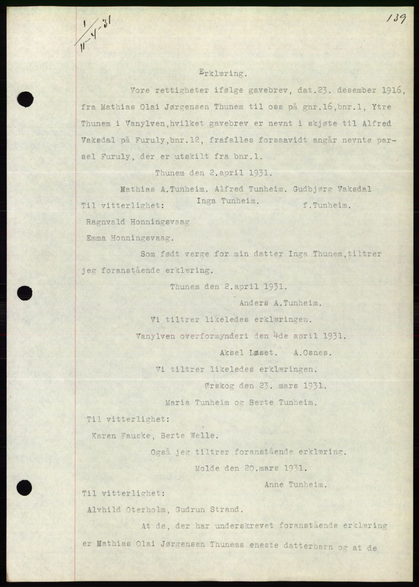 Søre Sunnmøre sorenskriveri, AV/SAT-A-4122/1/2/2C/L0052: Mortgage book no. 46, 1931-1931, Deed date: 11.04.1931