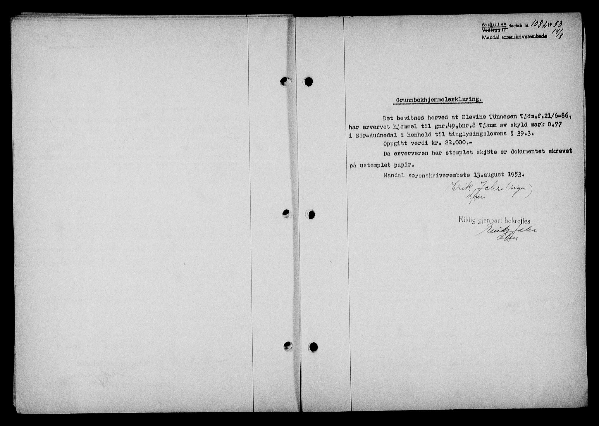 Mandal sorenskriveri, SAK/1221-0005/001/G/Gb/Gba/L0087: Mortgage book no. A-24, 1953-1953, Diary no: : 1082/1953