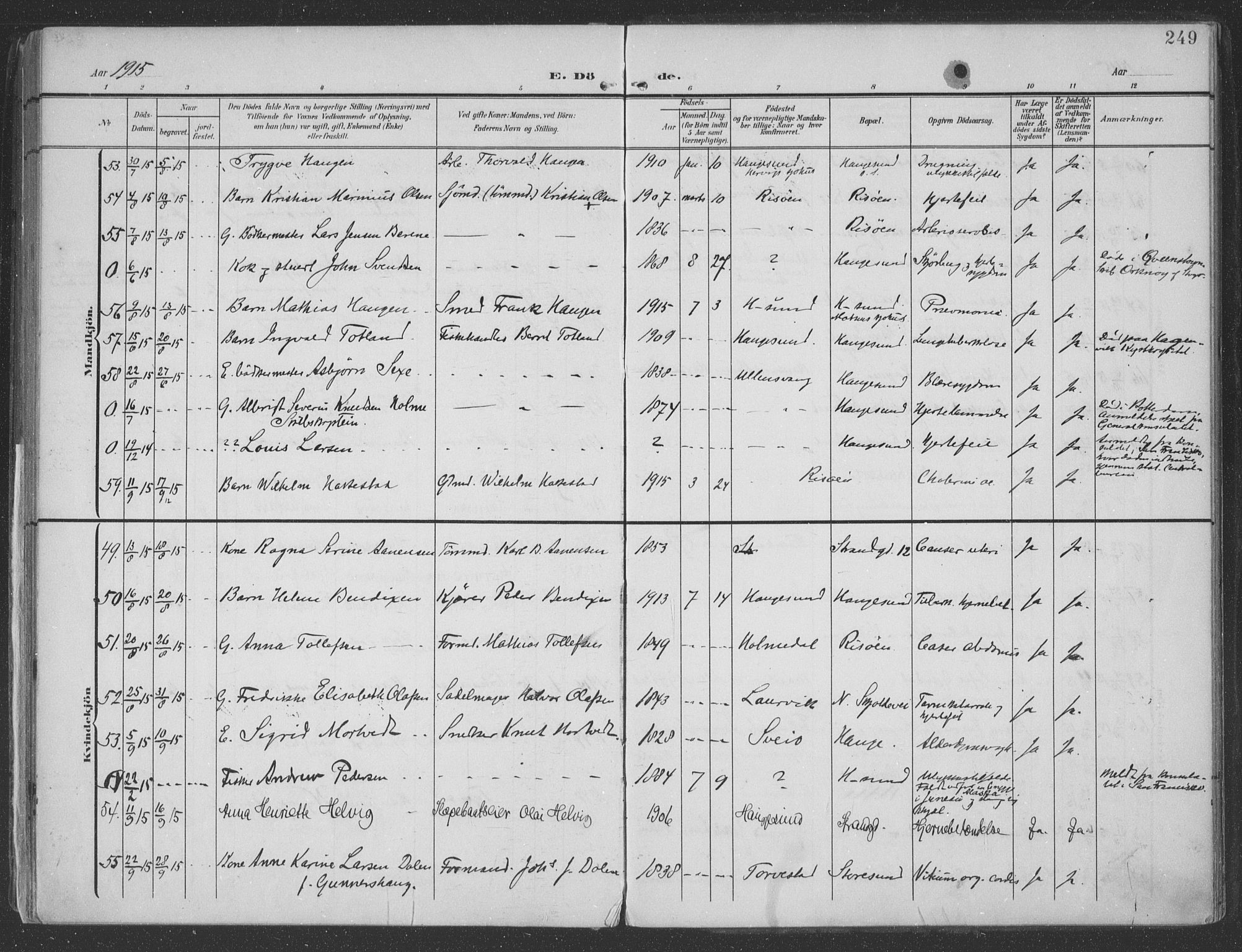 Haugesund sokneprestkontor, AV/SAST-A -101863/H/Ha/Haa/L0007: Parish register (official) no. A 7, 1904-1916, p. 249