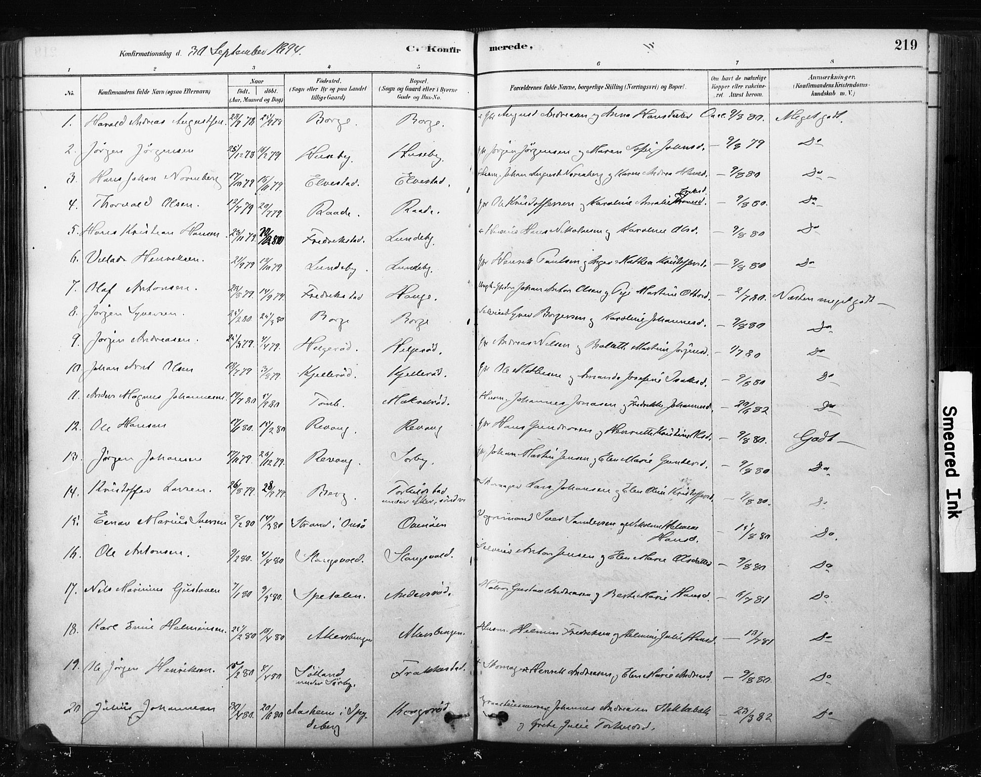 Råde prestekontor kirkebøker, SAO/A-2009/F/Fa/L0007: Parish register (official) no. 7, 1878-1902, p. 219