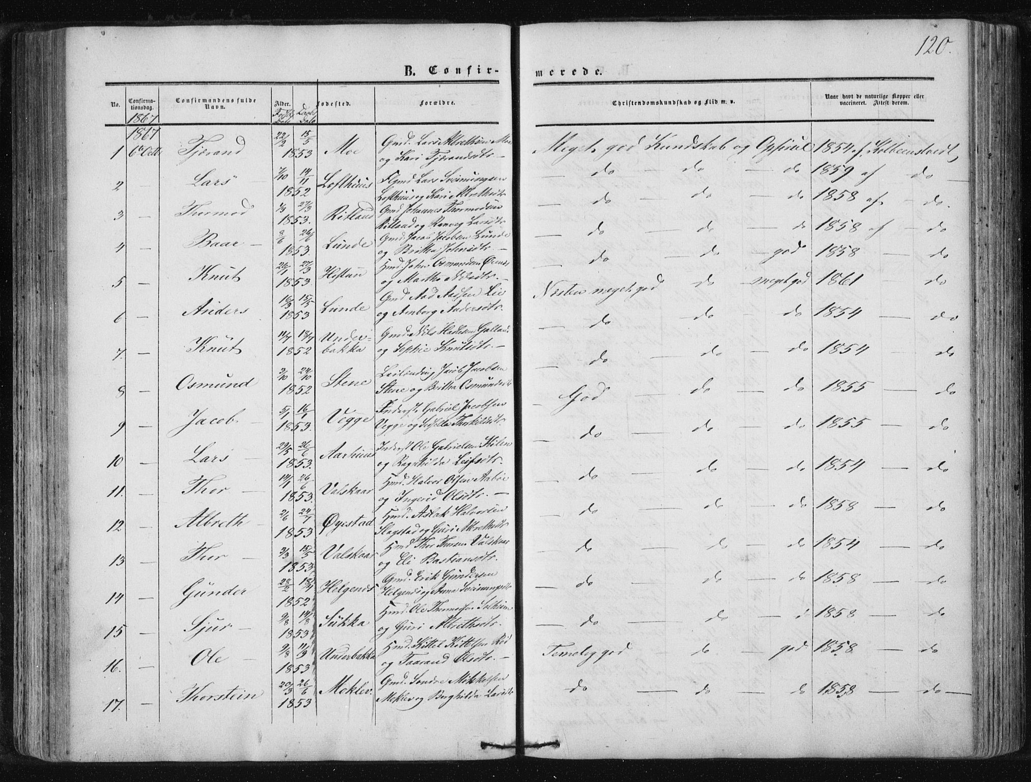 Suldal sokneprestkontor, AV/SAST-A-101845/01/IV/L0009: Parish register (official) no. A 9, 1854-1868, p. 120