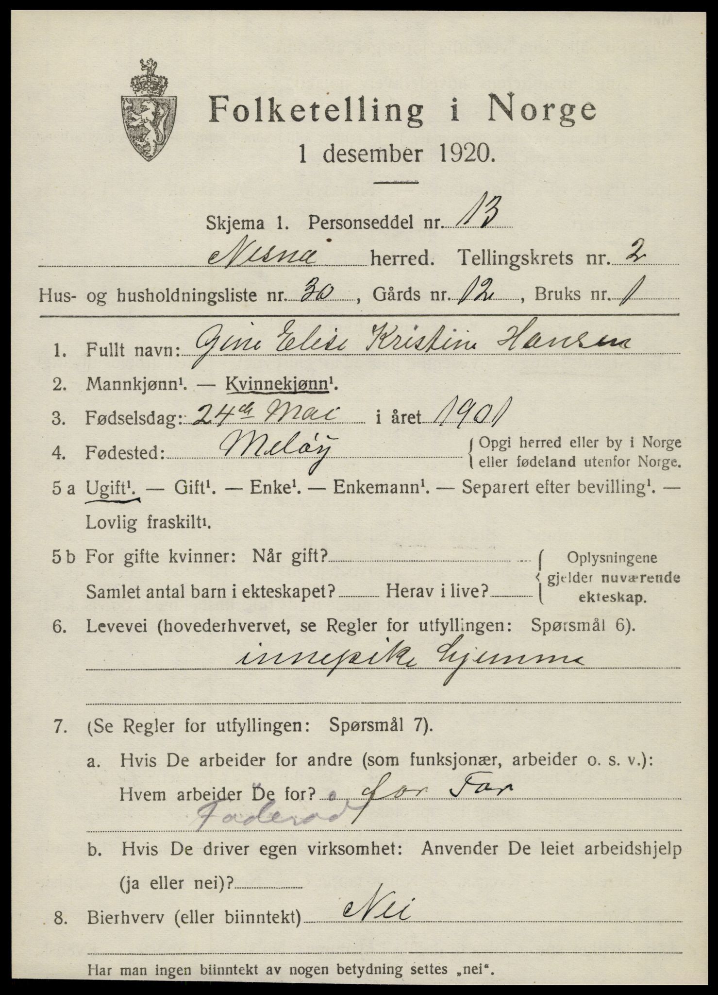 SAT, 1920 census for Nesna, 1920, p. 2061