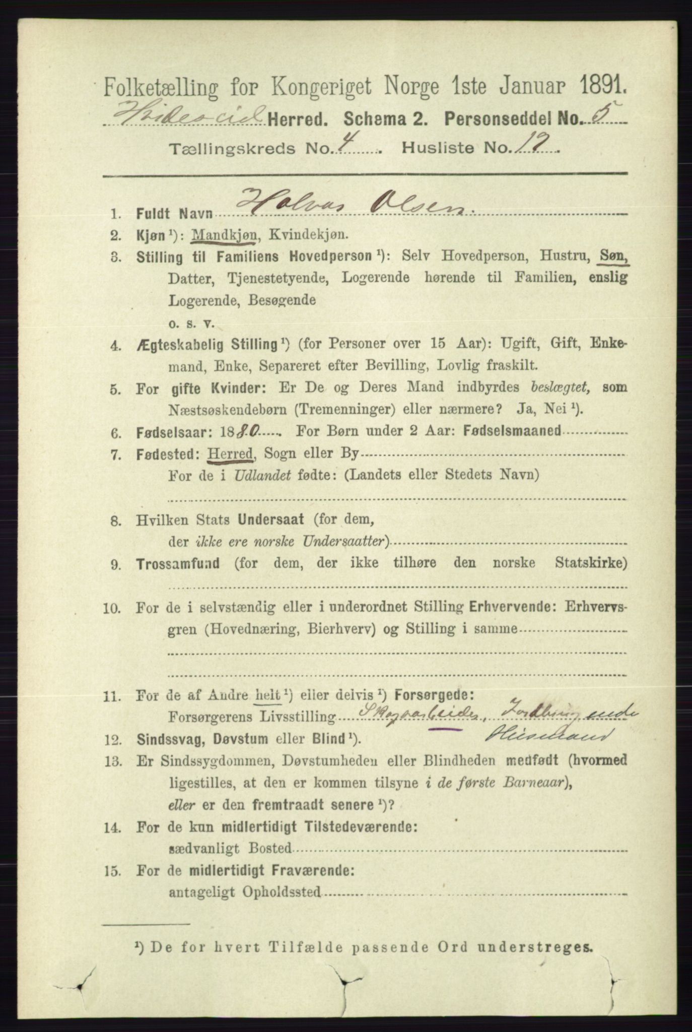 RA, 1891 census for 0829 Kviteseid, 1891, p. 848