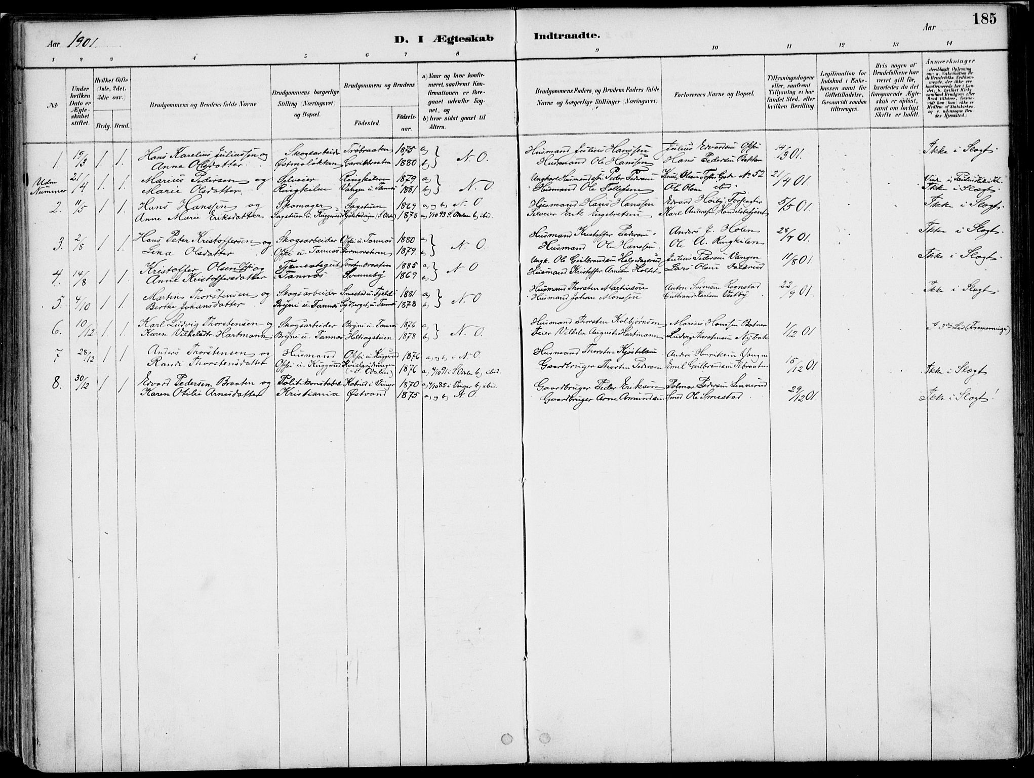 Nord-Odal prestekontor, SAH/PREST-032/H/Ha/Haa/L0008: Parish register (official) no. 8, 1886-1901, p. 185