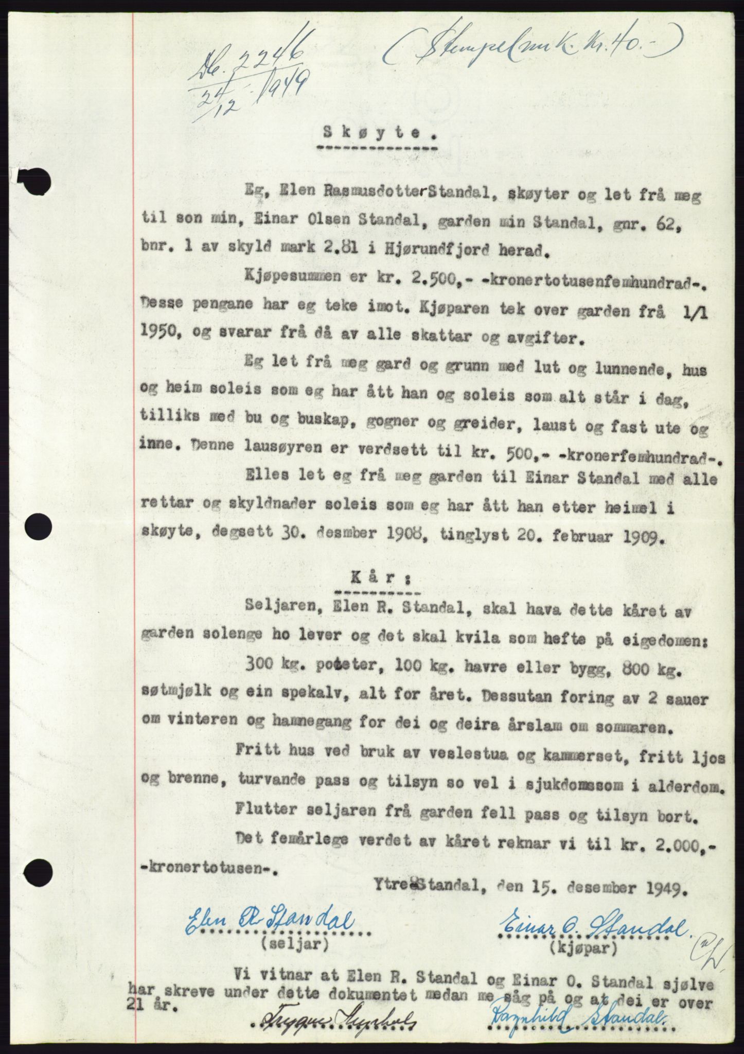 Søre Sunnmøre sorenskriveri, AV/SAT-A-4122/1/2/2C/L0086: Mortgage book no. 12A, 1949-1950, Diary no: : 2246/1949