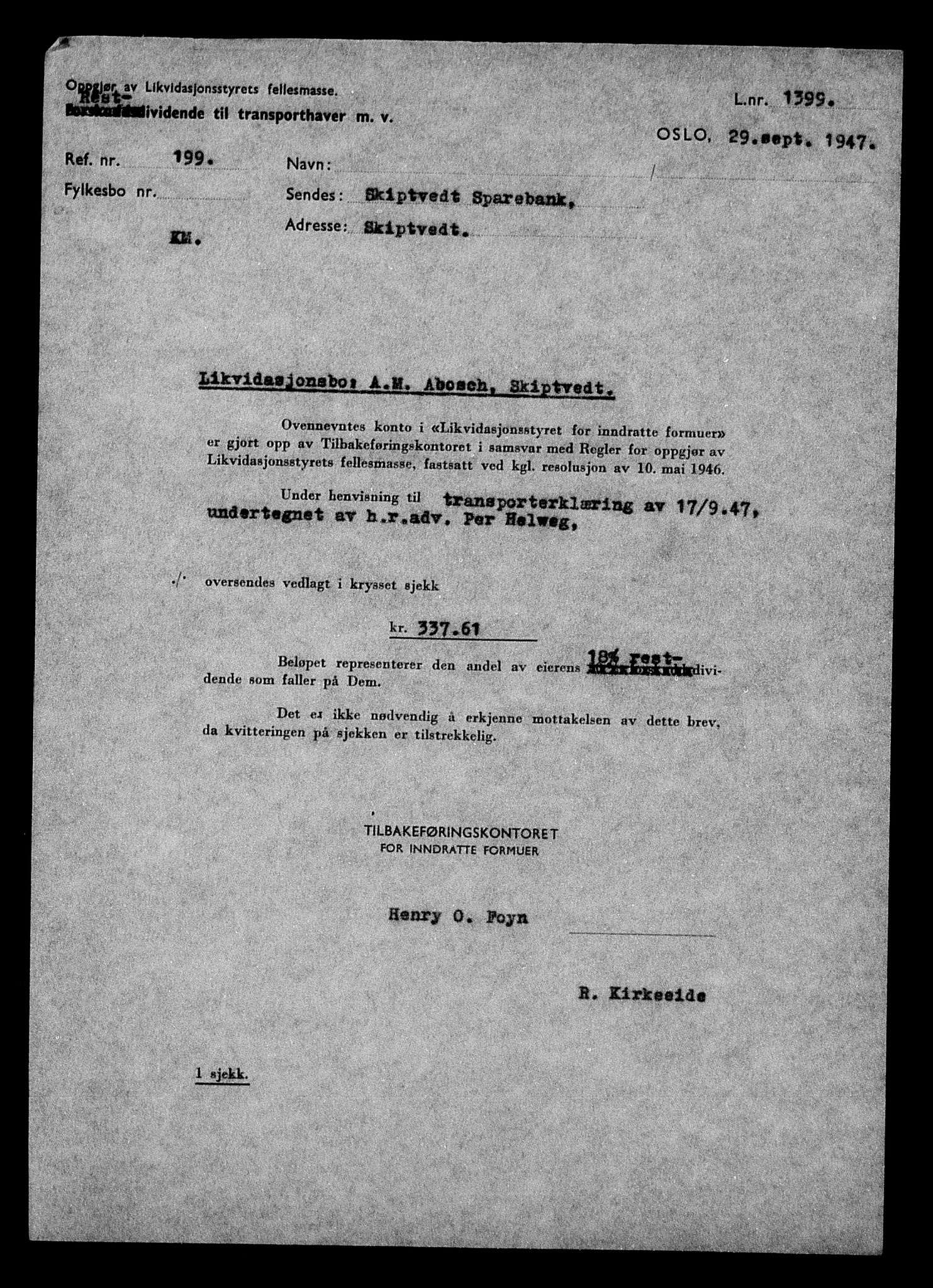 Justisdepartementet, Tilbakeføringskontoret for inndratte formuer, AV/RA-S-1564/H/Hc/Hcd/L0989: --, 1945-1947, p. 131