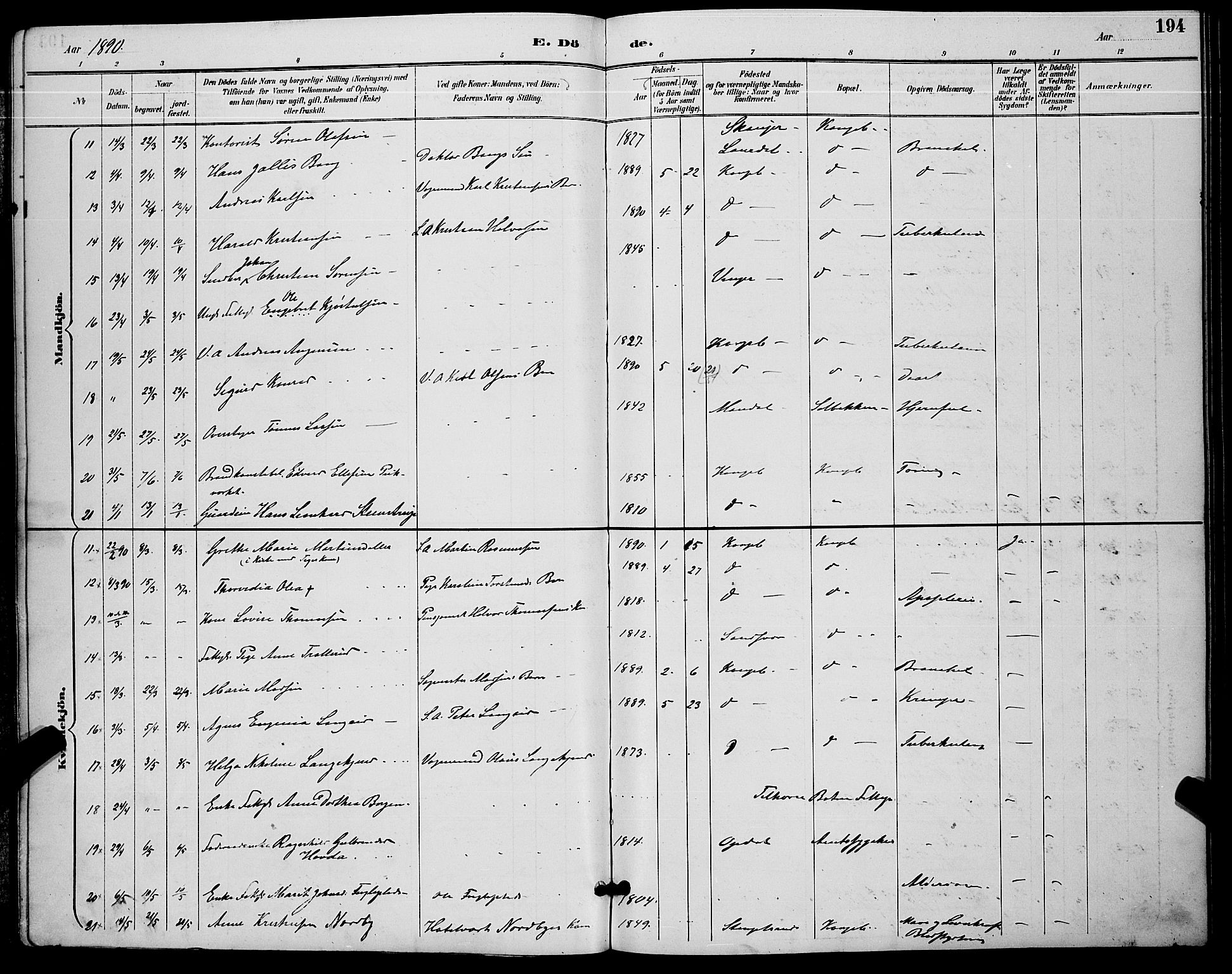 Kongsberg kirkebøker, AV/SAKO-A-22/G/Ga/L0006: Parish register (copy) no. 6, 1890-1901, p. 194