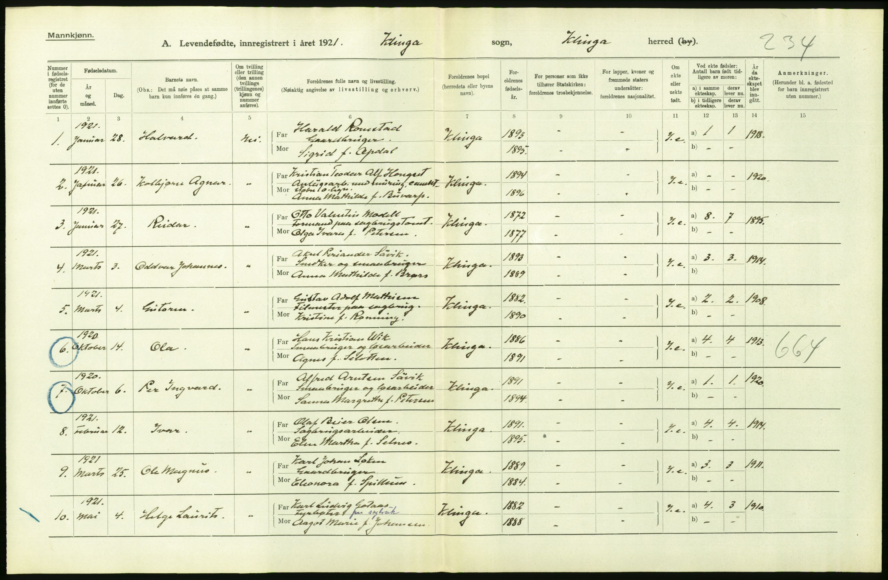 Statistisk sentralbyrå, Sosiodemografiske emner, Befolkning, AV/RA-S-2228/D/Df/Dfc/Dfca/L0047: N. Trøndelag fylke: Levendefødte menn og kvinner. Bygder og byer., 1921, p. 266