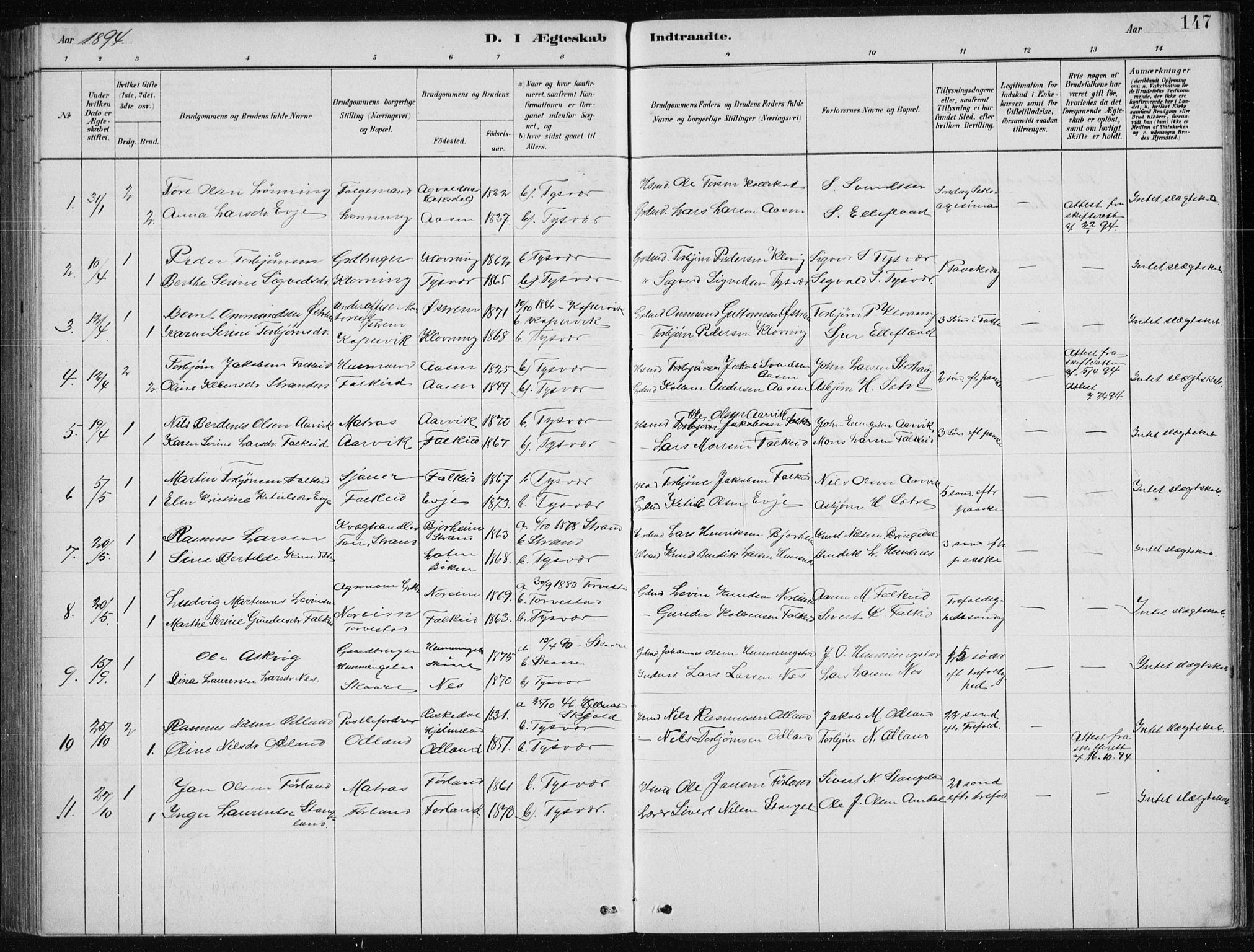 Tysvær sokneprestkontor, SAST/A -101864/H/Ha/Hab/L0004: Parish register (copy) no. B 4, 1883-1896, p. 147