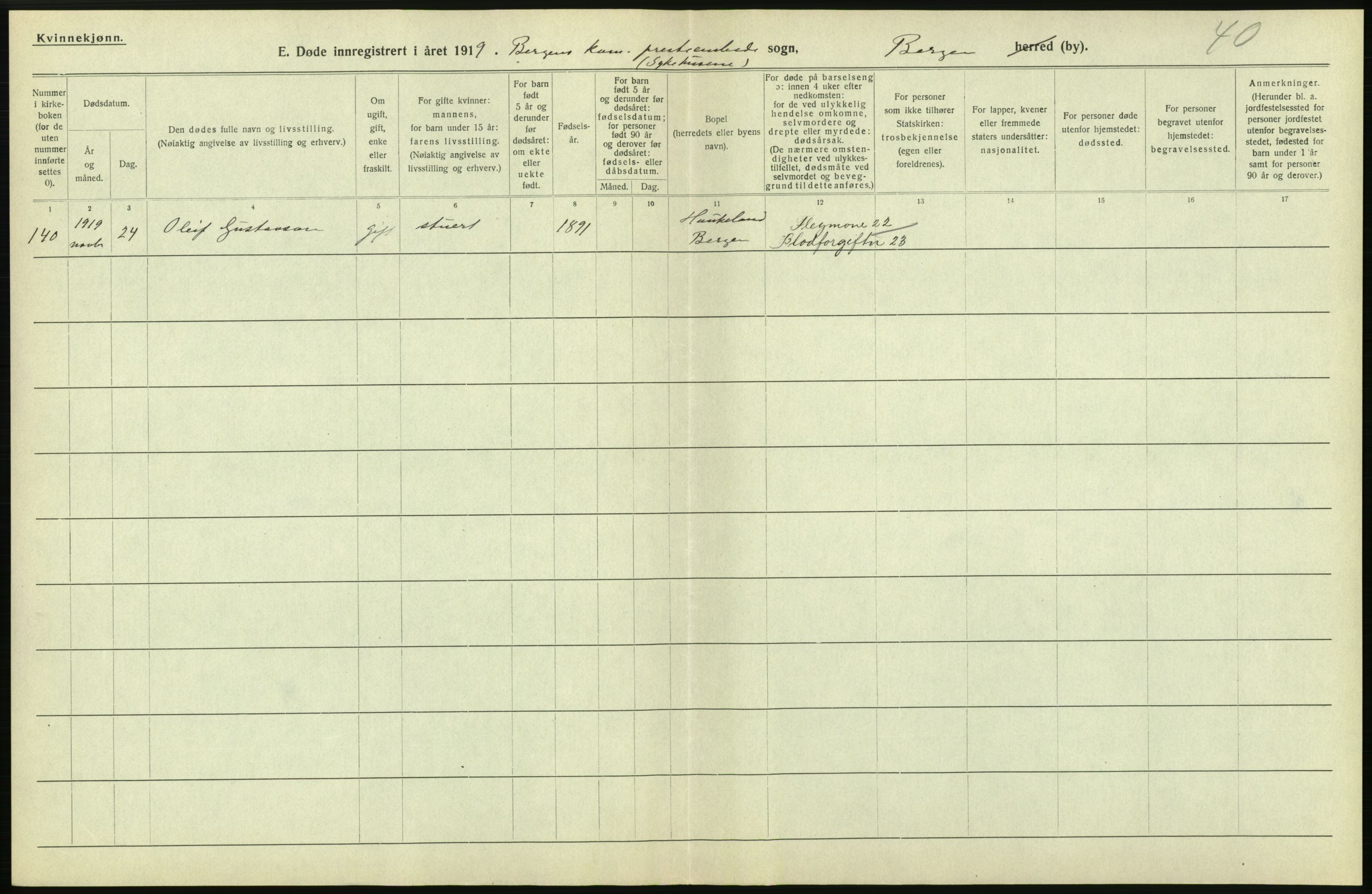 Statistisk sentralbyrå, Sosiodemografiske emner, Befolkning, RA/S-2228/D/Df/Dfb/Dfbi/L0035: Bergen: Gifte, døde, dødfødte., 1919, p. 348