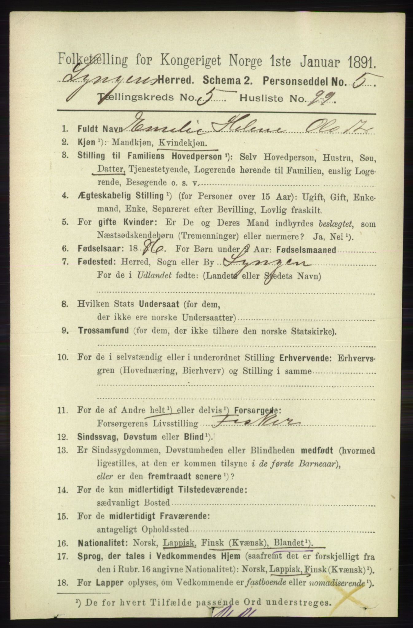 RA, 1891 census for 1938 Lyngen, 1891, p. 5080