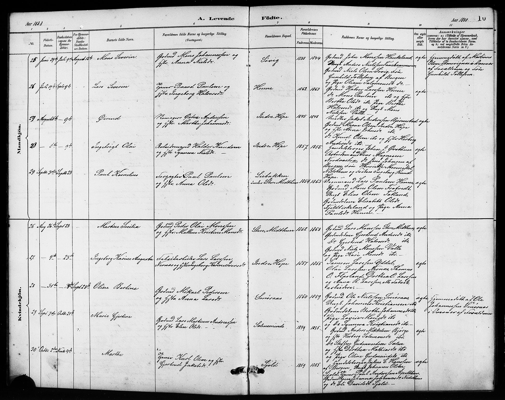 Birkeland Sokneprestembete, AV/SAB-A-74601/H/Hab: Parish register (copy) no. A 4, 1888-1897, p. 10