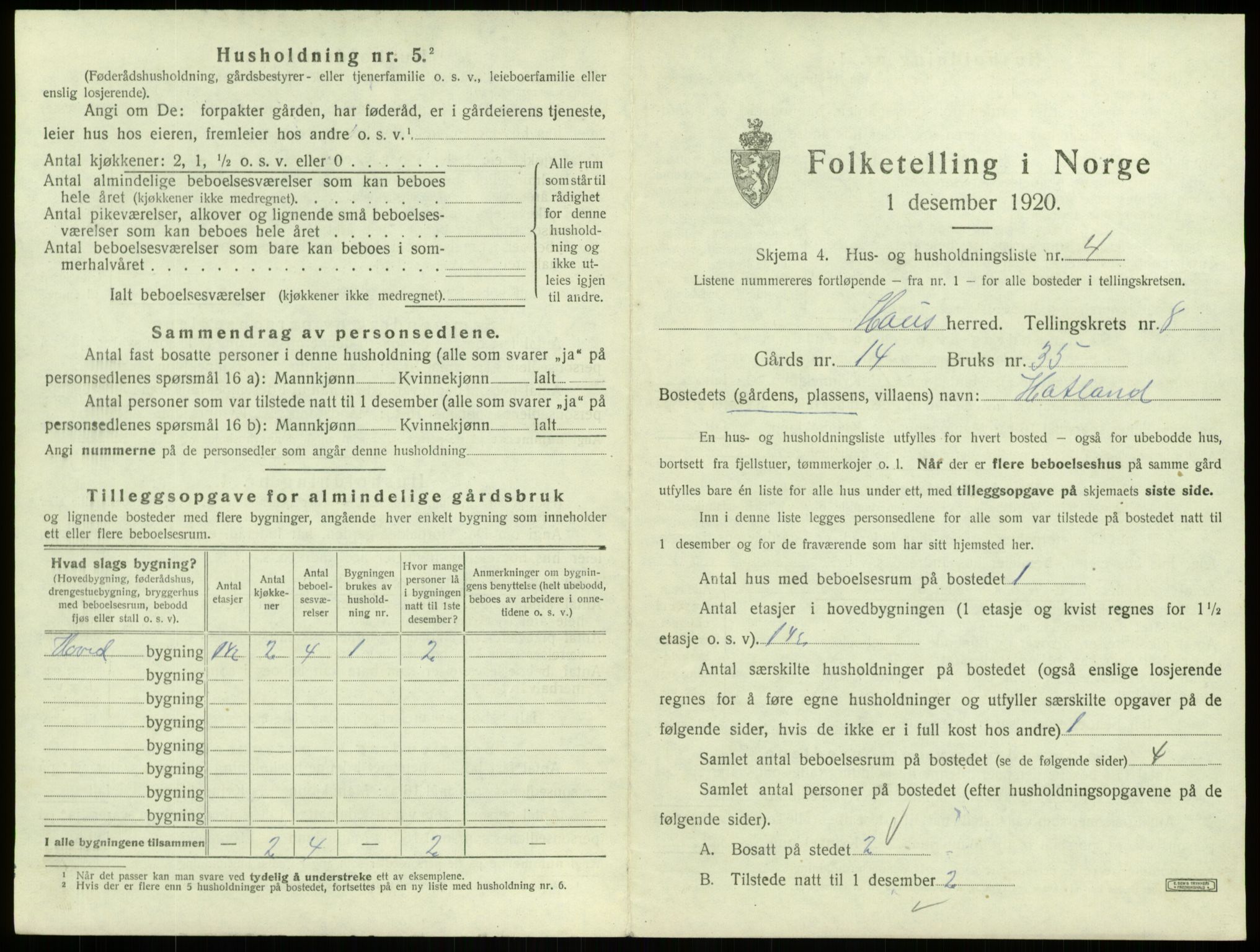 SAB, 1920 census for Haus, 1920, p. 506